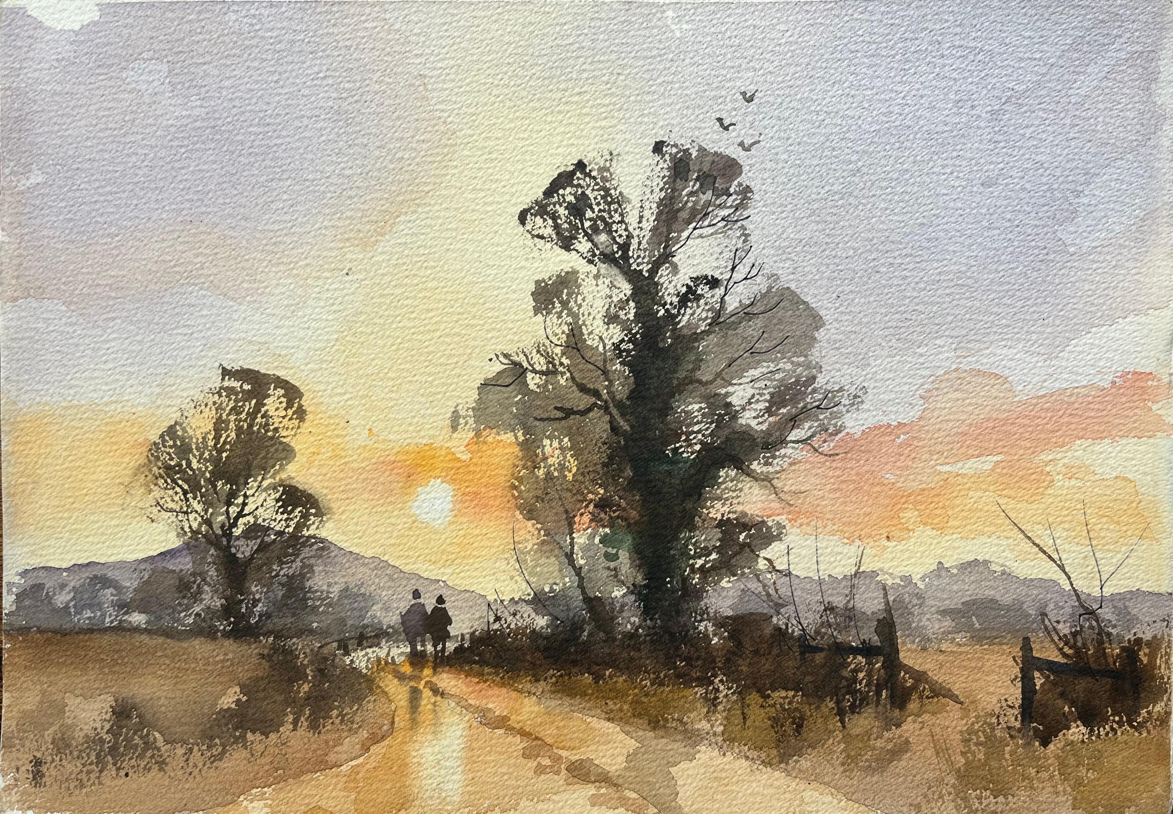 British Impressionist Watercolor of Two Figures Taking a Sunset Stroll