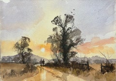 Acquerello impressionista britannico raffigurante due figure che passeggiano al tramonto