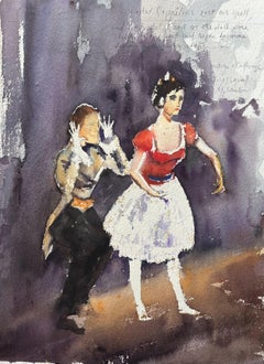 Acuarela impresionista británica de dos intérpretes en una escena de Coppélia