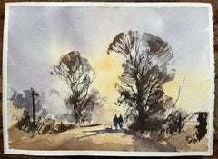 British Impressionist Watercolor of Two Silhouetted Figures Walking Along Path