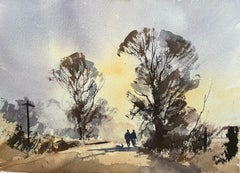 British Impressionist Watercolor of Two Silhouetted Figures Walking Along Path
