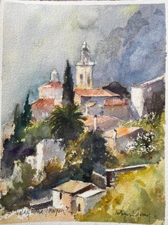 Aquarelle impressionniste britannique de Valldemossa, Majorca, avec coqs du village