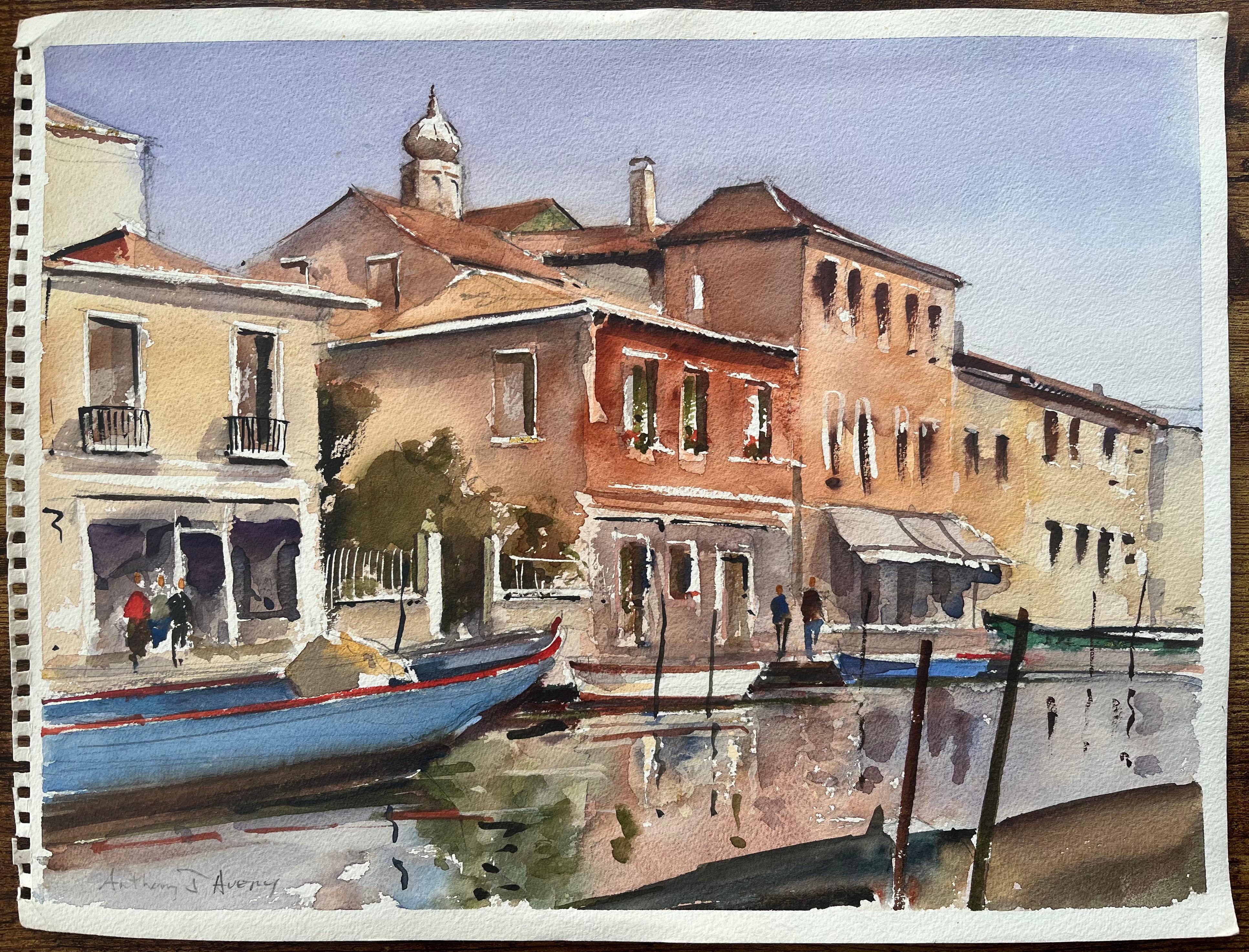 Britischer Impressionist Aquarell von venezianischen Kanal-Szene mit bunten Fassaden – Painting von Anthony Avery