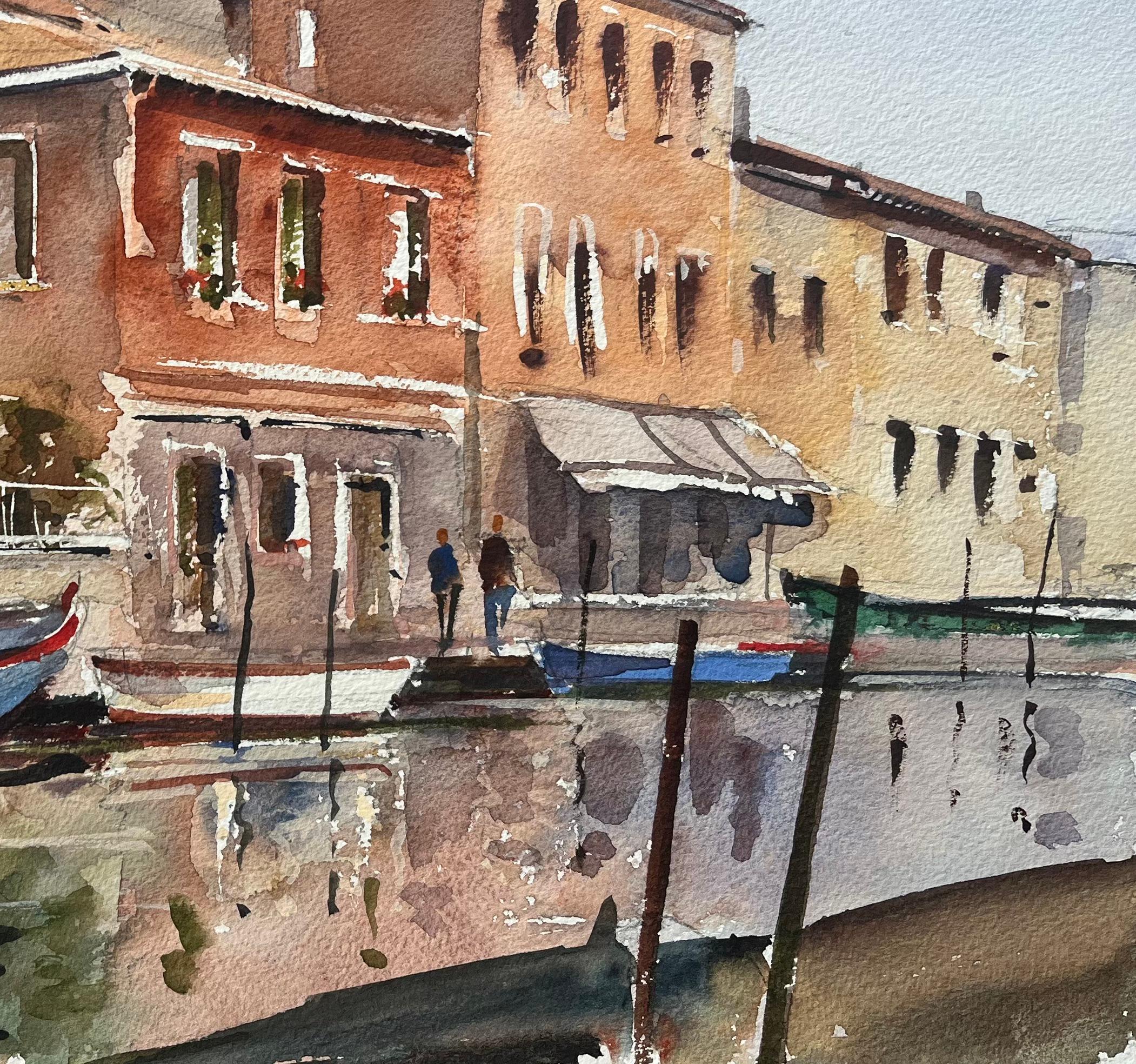 Britischer Impressionist Aquarell von venezianischen Kanal-Szene mit bunten Fassaden (Impressionismus), Painting, von Anthony Avery
