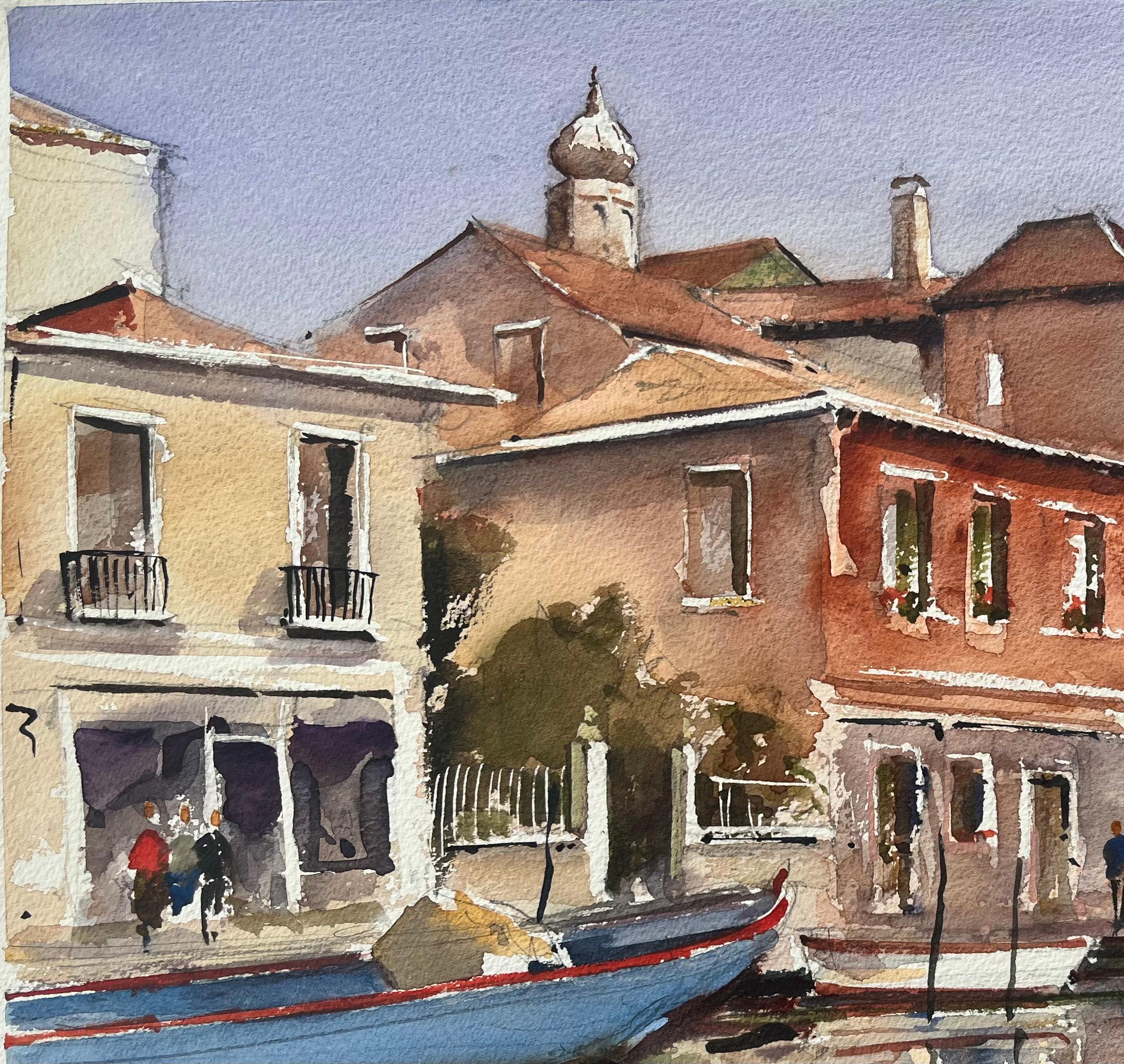 Britischer Impressionist Aquarell von venezianischen Kanal-Szene mit bunten Fassaden im Angebot 1