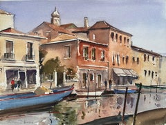 Britischer Impressionist Aquarell von venezianischen Kanal-Szene mit bunten Fassaden