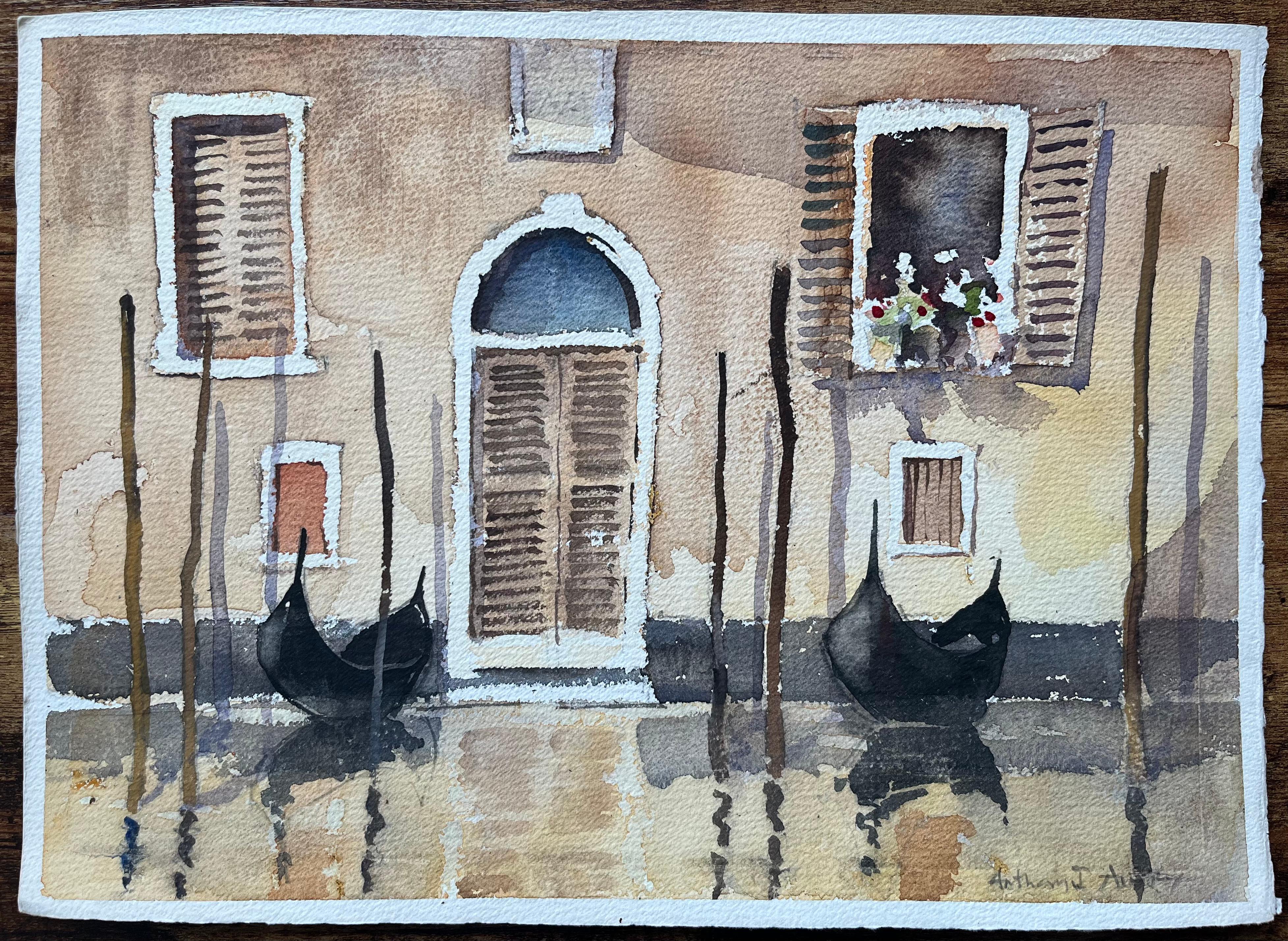 Acquerello impressionista britannico di gondole e riflessi veneziani - Painting di Anthony Avery