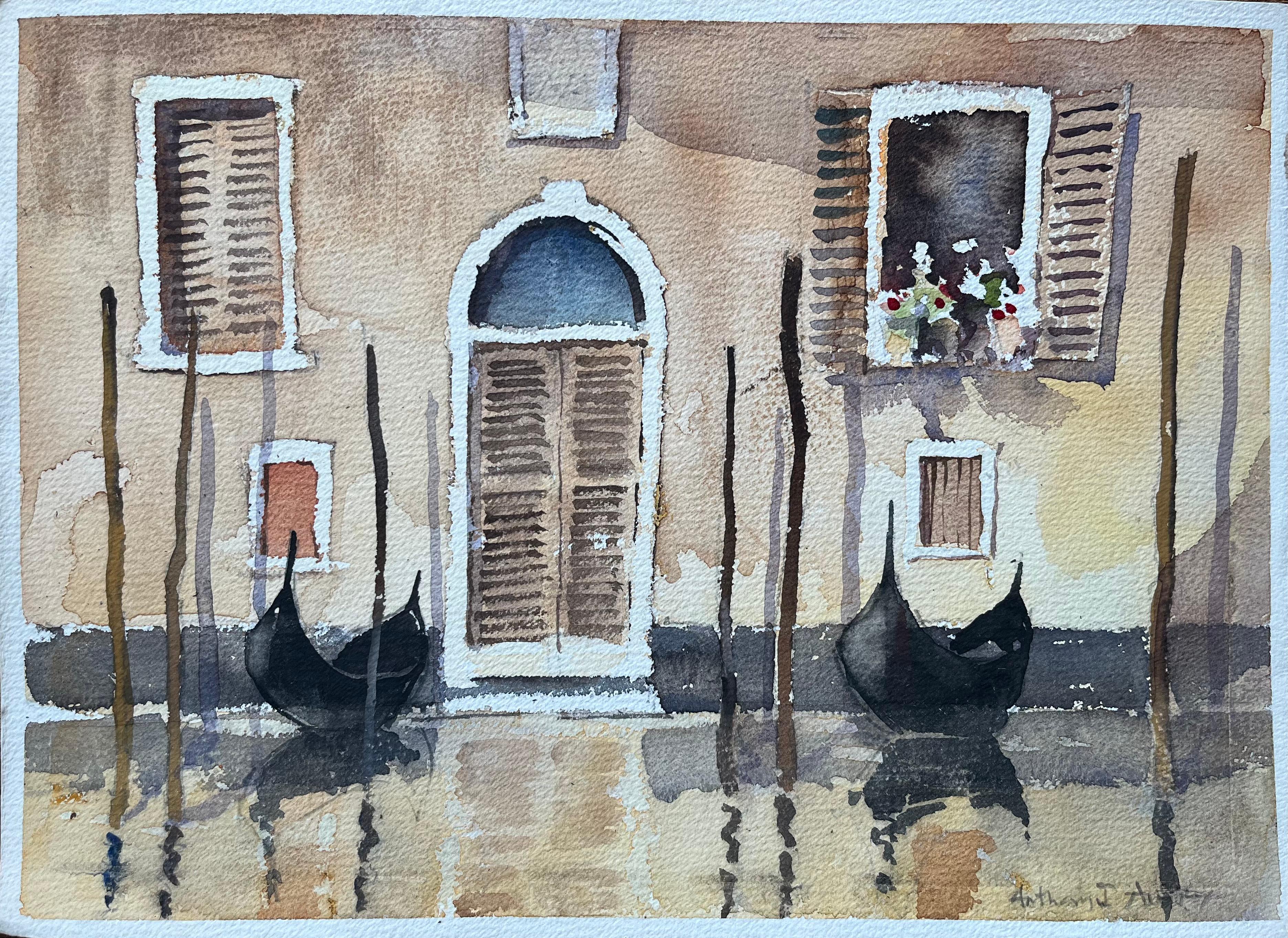 Landscape Painting di Anthony Avery - Acquerello impressionista britannico di gondole e riflessi veneziani