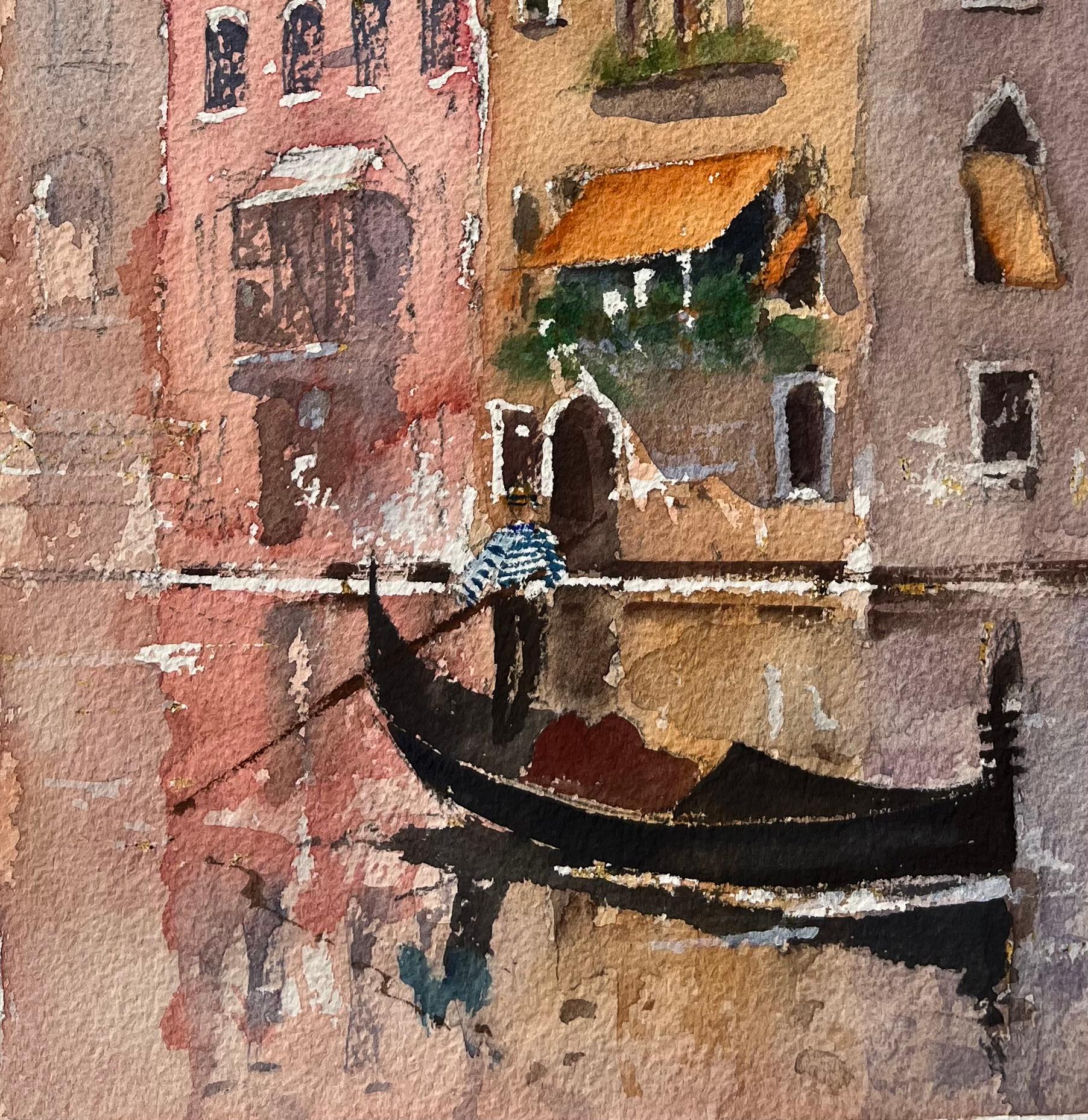British Impressionist Watercolor of Venetian Reflections with Gondola - Brown Landscape Painting by Anthony Avery