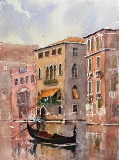 British Impressionist Watercolor of Venetian Reflections with Gondola