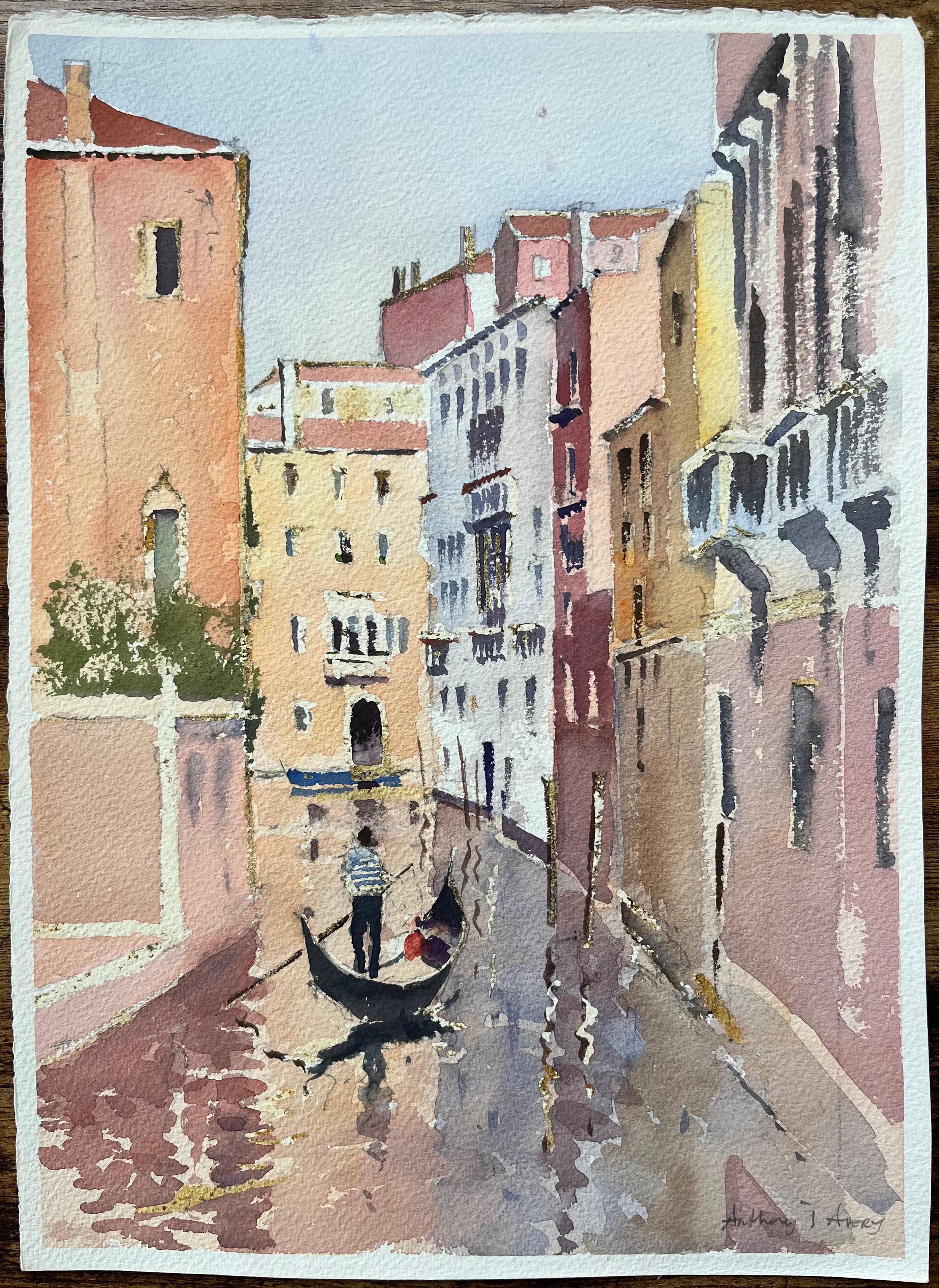 Aquarelle impressionniste britannique d'une scène vénitienne d'une gondole et d'un canal Tranquil - Painting de Anthony Avery