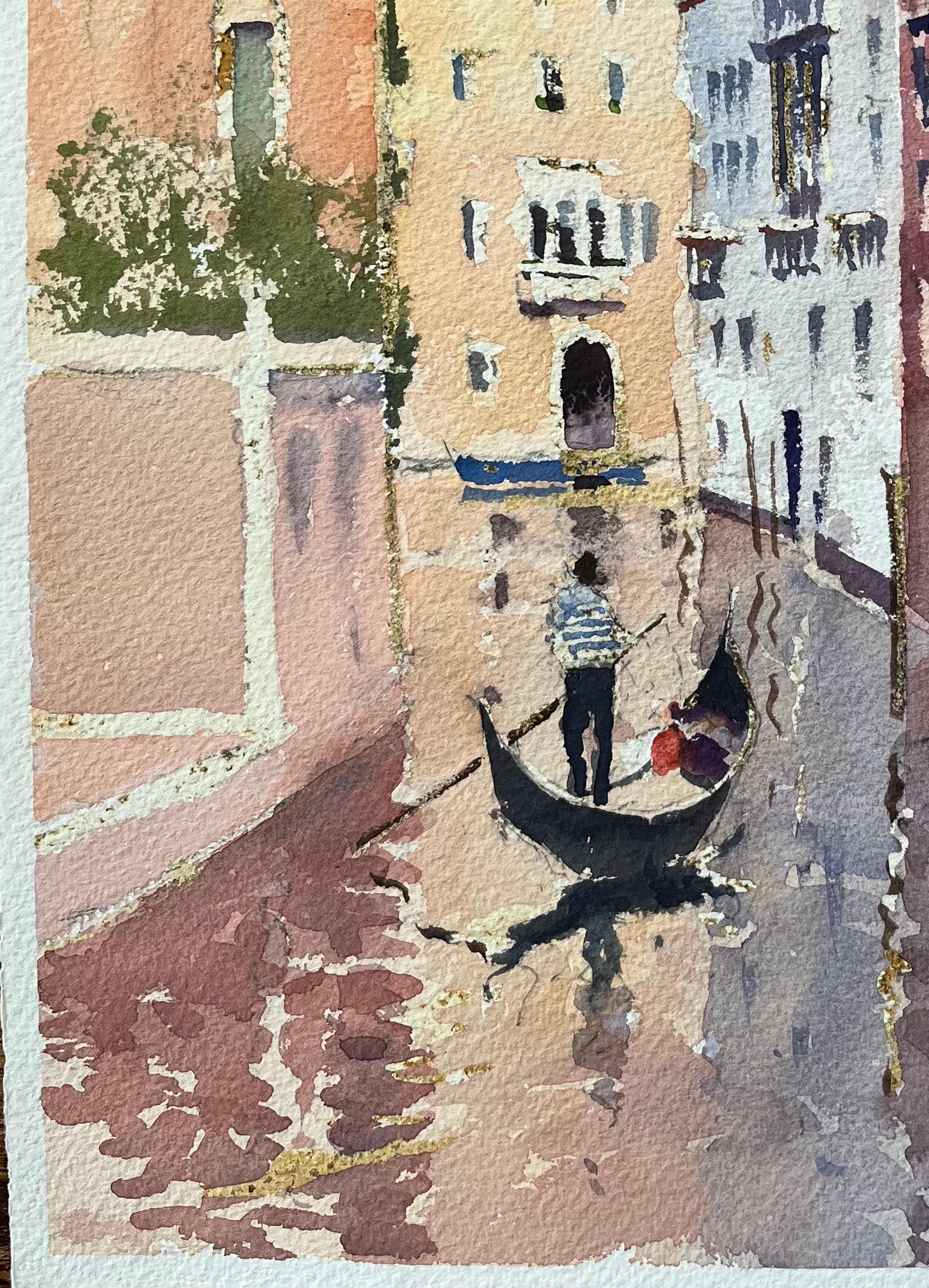 Aquarelle impressionniste britannique d'une scène vénitienne d'une gondole et d'un canal Tranquil - Impressionnisme Painting par Anthony Avery