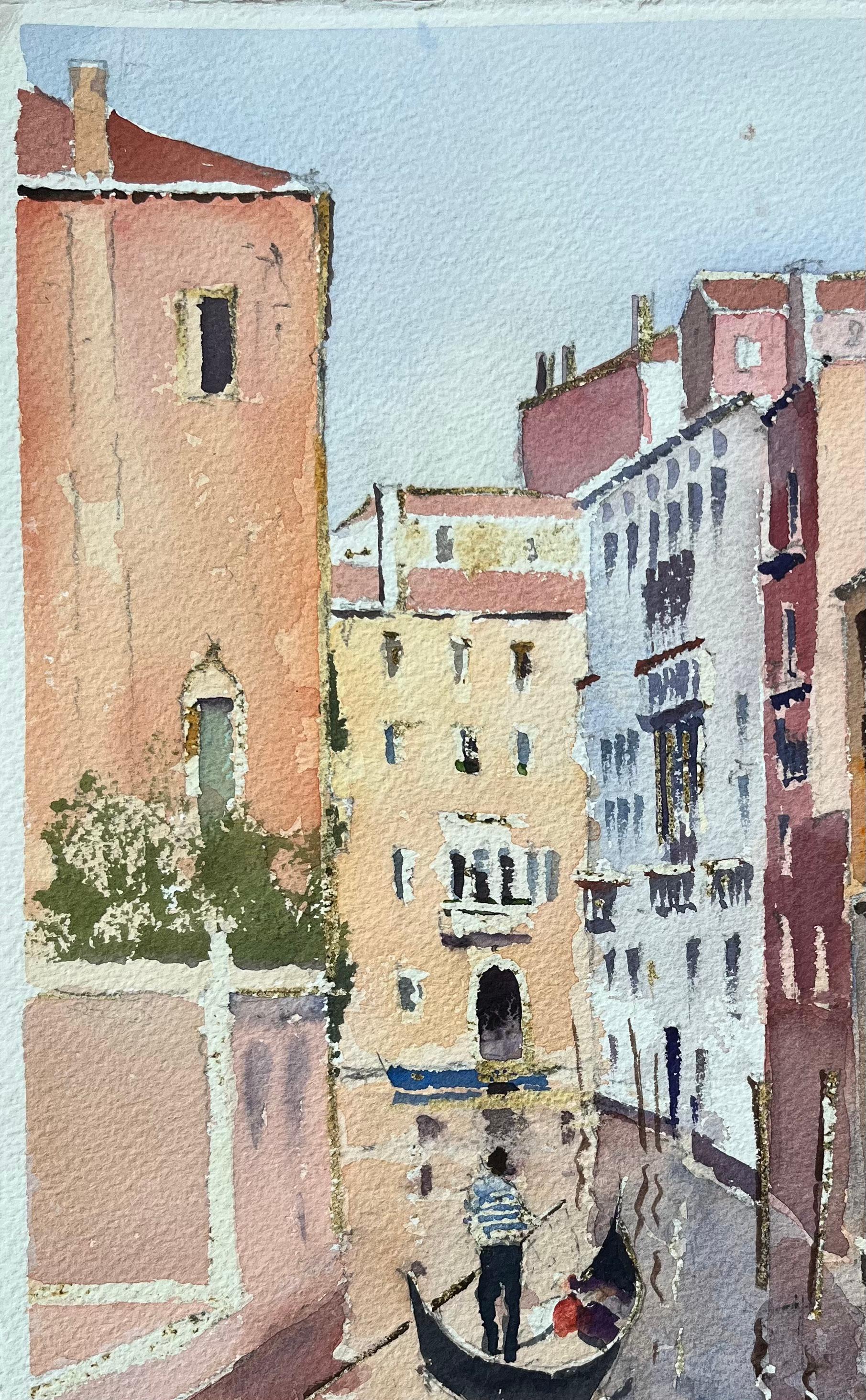 Aquarelle impressionniste britannique d'une scène vénitienne d'une gondole et d'un canal Tranquil en vente 1
