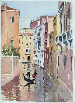 British Impressionist Watercolor of Venetian Scene of a Gondola a Tranquil Canal