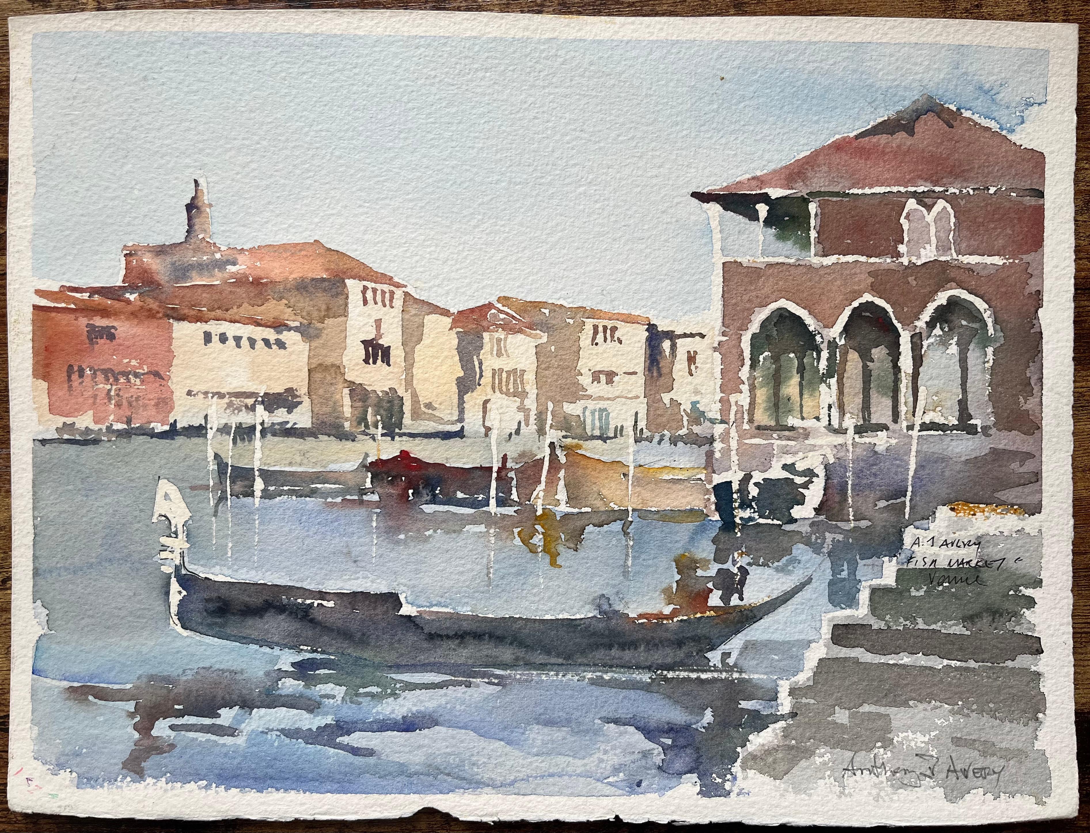 Acuarela impresionista británica de Mercado de pescado y escena de góndola en Venecia - Painting de Anthony Avery