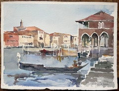 British Impressionist Watercolor of Venice Fish Market and Gondola Scene