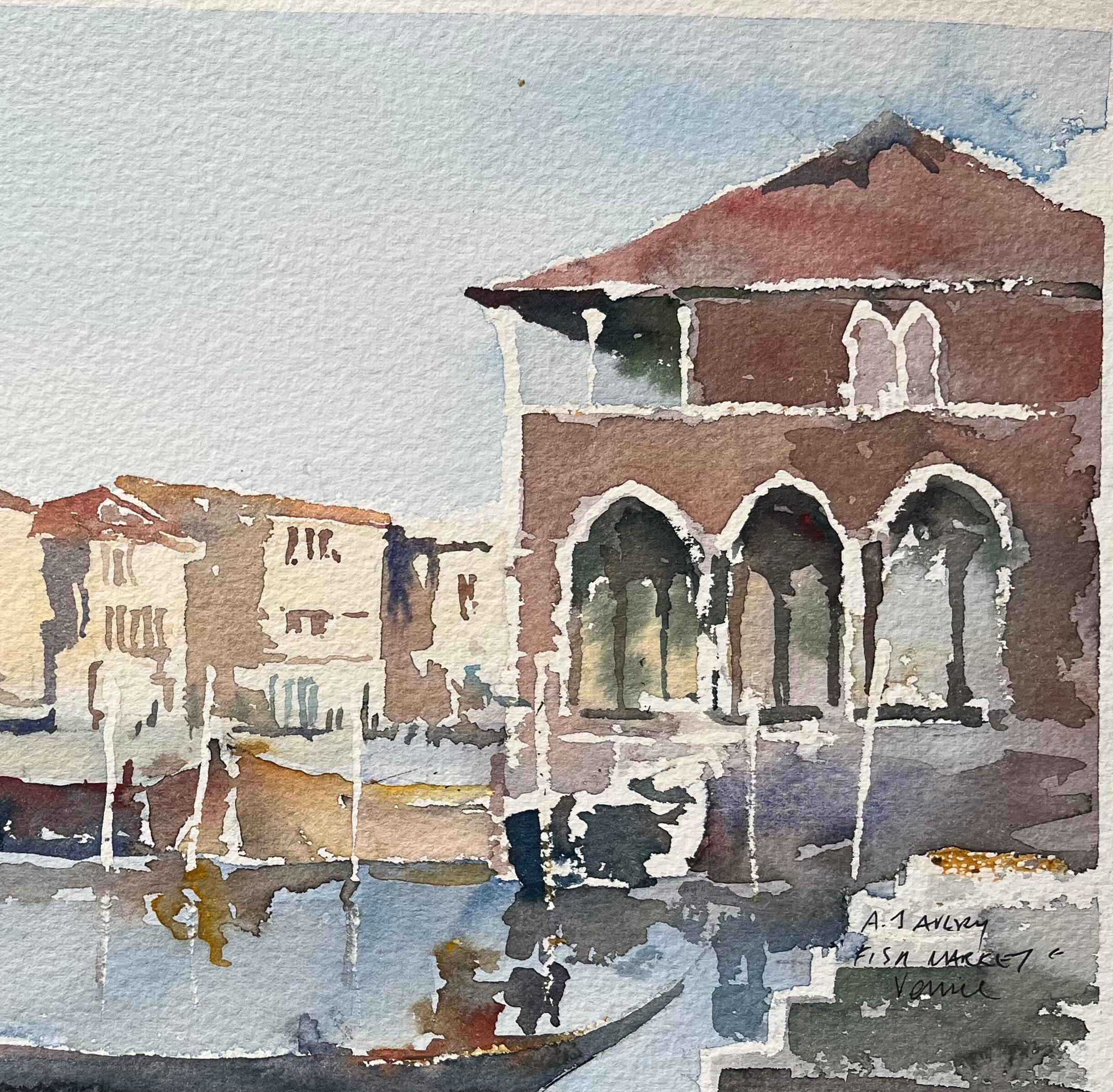 Acuarela impresionista británica de Mercado de pescado y escena de góndola en Venecia - Landscape Painting Gris de Anthony Avery