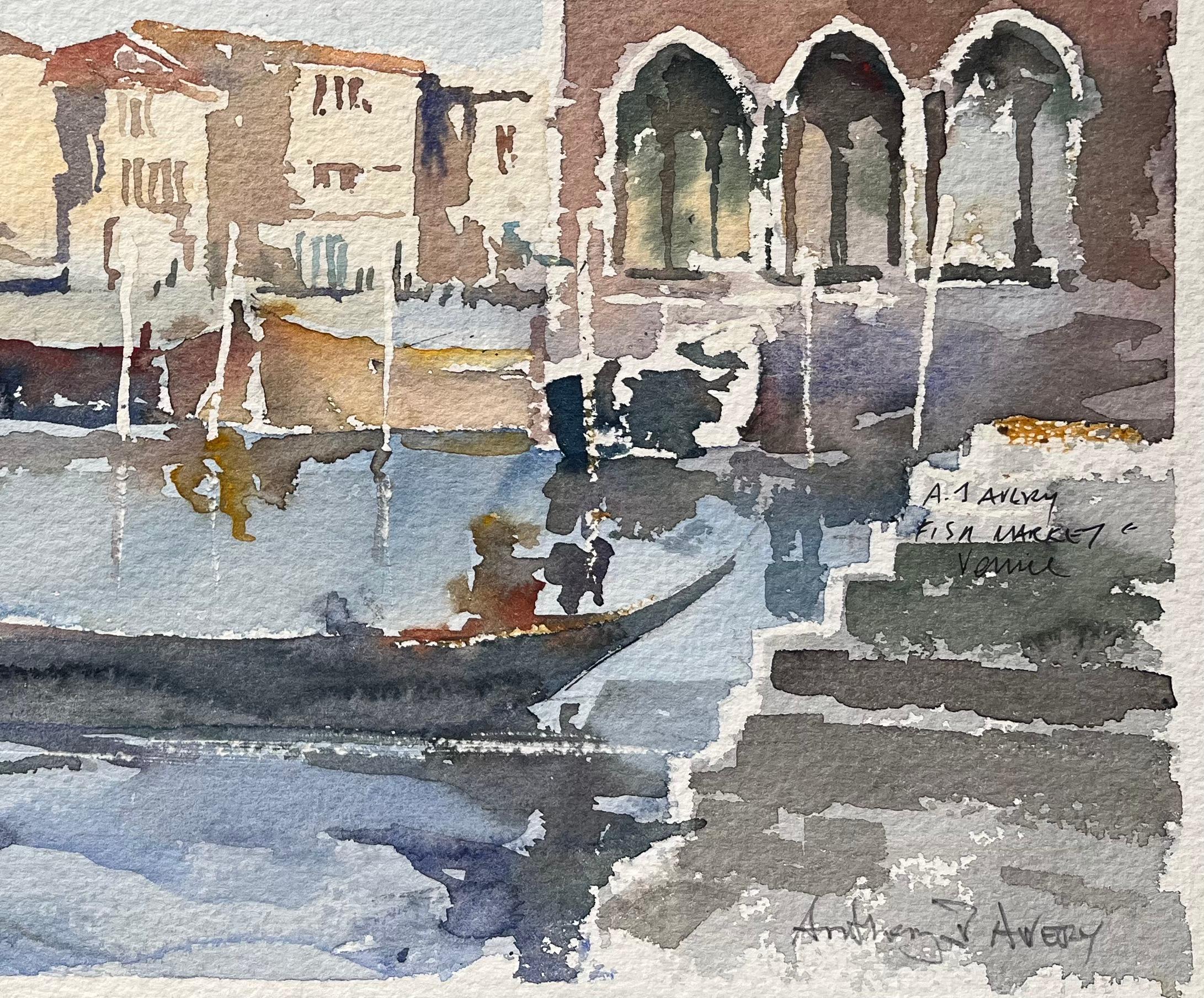 Título: Acuarela impresionista británica de mercado de pescado y escena de góndola en Venecia
Por Anthony Avery (británico 1946-2023)
Acuarela original sobre papel de artista, sin enmarcar
Firmado: Sí
Dimensiones: 11,25 x 15 pulgadas (Alto x