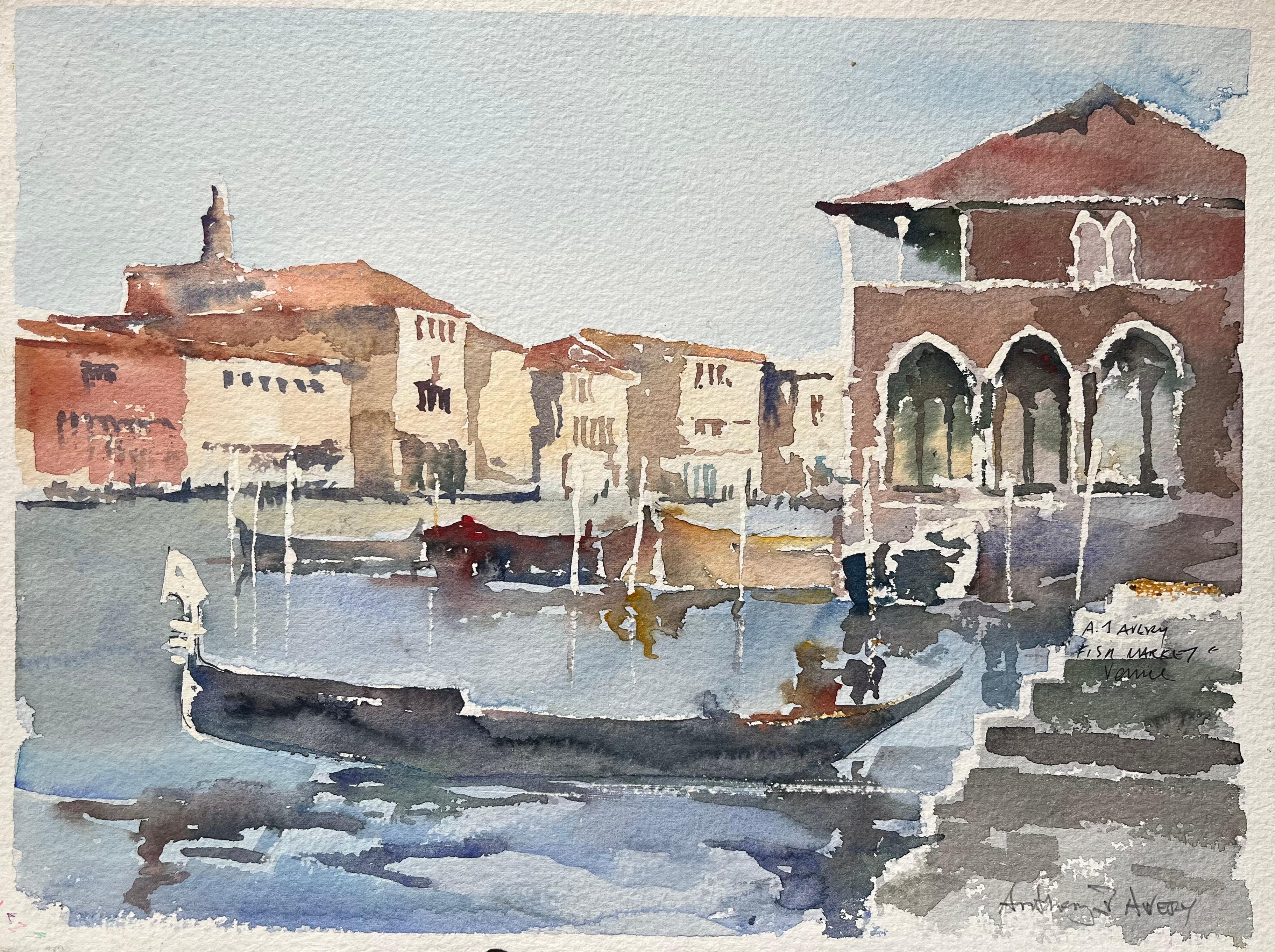 Landscape Painting de Anthony Avery - Acuarela impresionista británica de Mercado de pescado y escena de góndola en Venecia