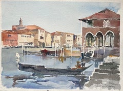 British Impressionist Watercolor of Venice Fish Market and Gondola Scene