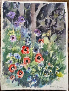 British Impressionist Watercolor of Vibrant Garden Scene with Poppies and Daisie