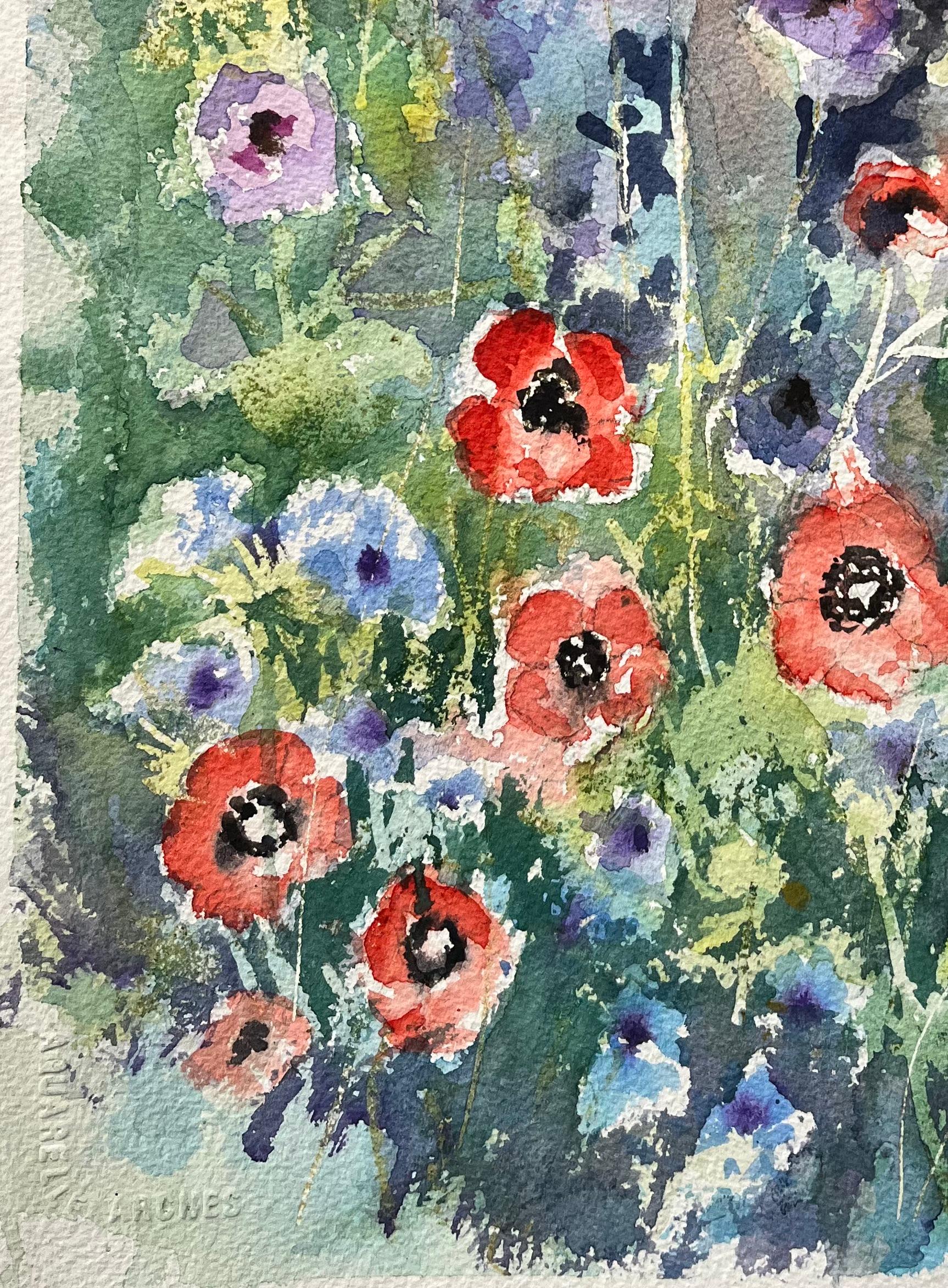 Acuarela impresionista británica de vibrante escena de jardín con amapolas y margaritas - Painting Impresionista de Anthony Avery