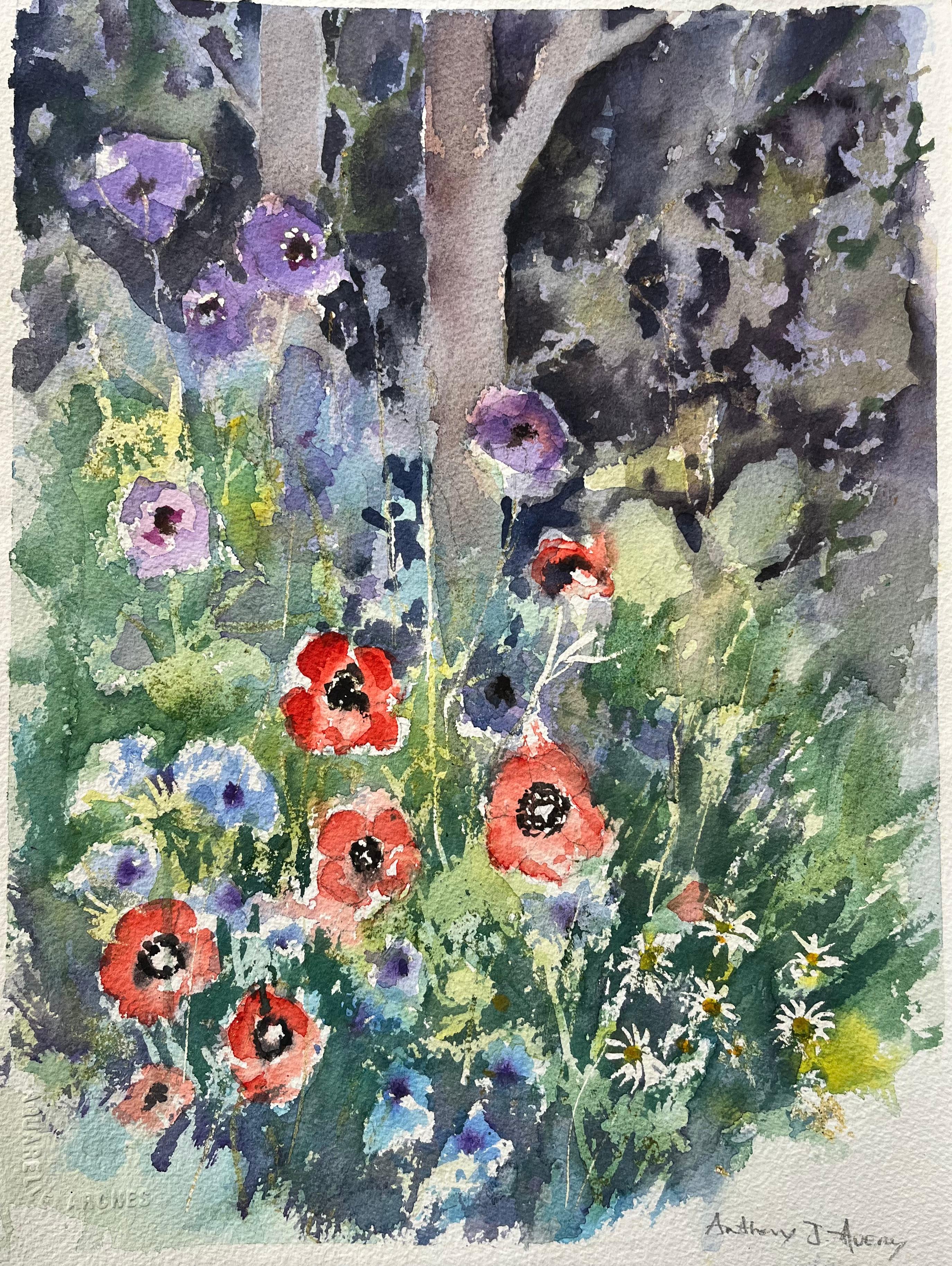 Landscape Painting de Anthony Avery - Acuarela impresionista británica de vibrante escena de jardín con amapolas y margaritas
