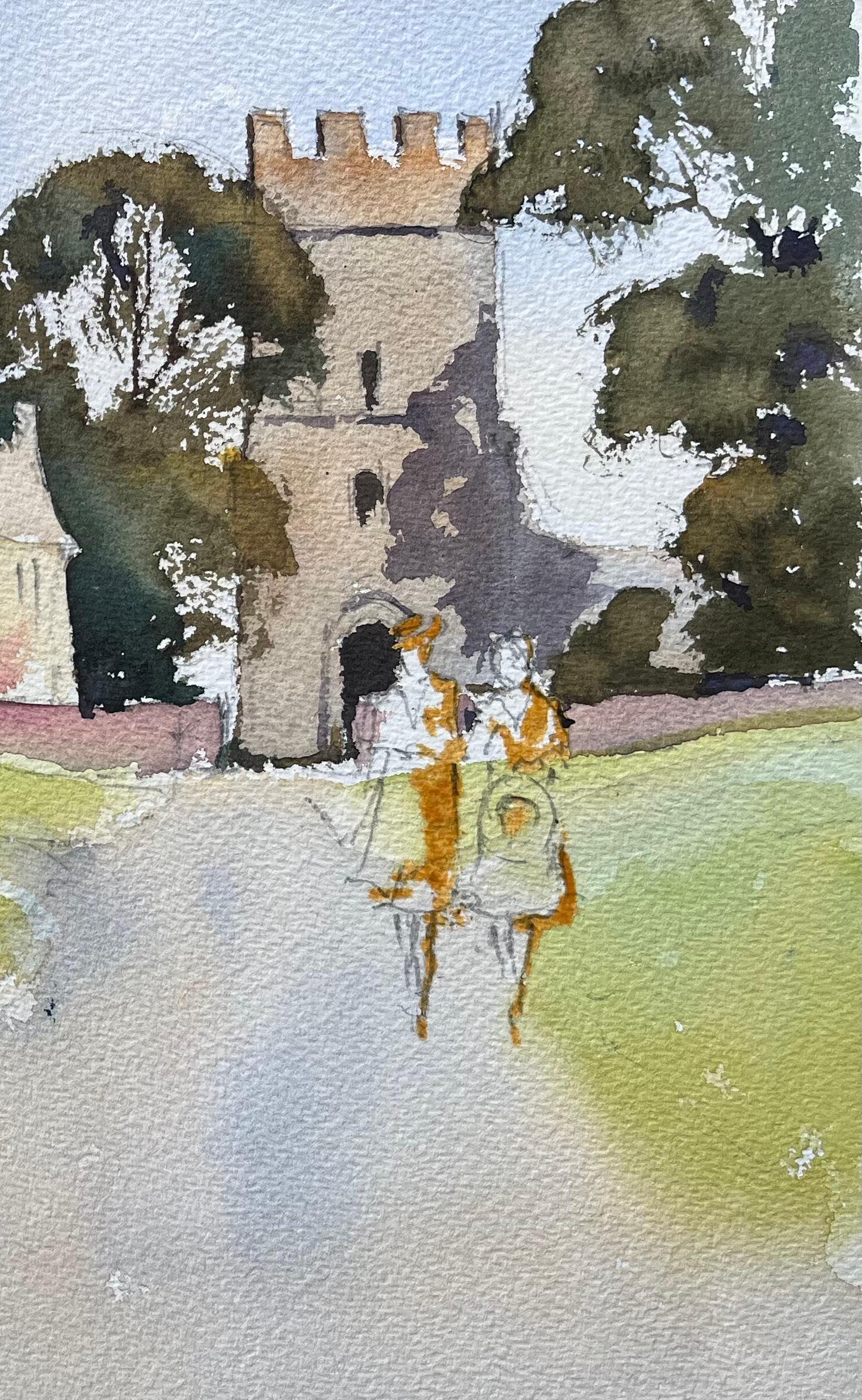 Aquarelle impressionniste britannique d'un chemin de fer avec un cottage et des personnages - Painting de Anthony Avery