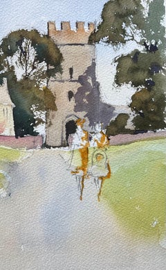 British Impressionist Watercolor of Village Pathway with Cottage and Figures