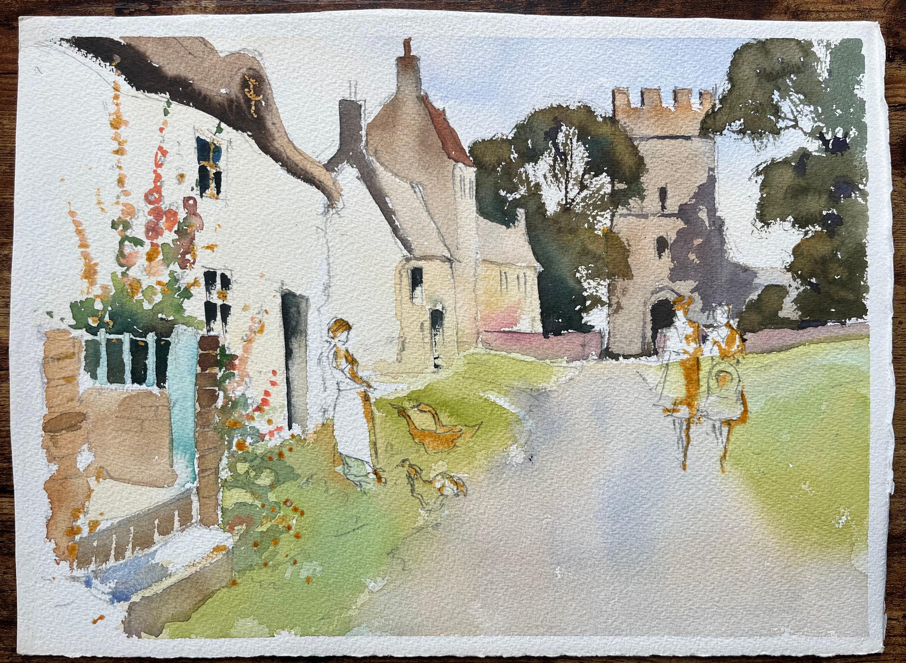 Aquarelle impressionniste britannique d'un chemin de fer avec un cottage et des personnages - Impressionnisme Painting par Anthony Avery