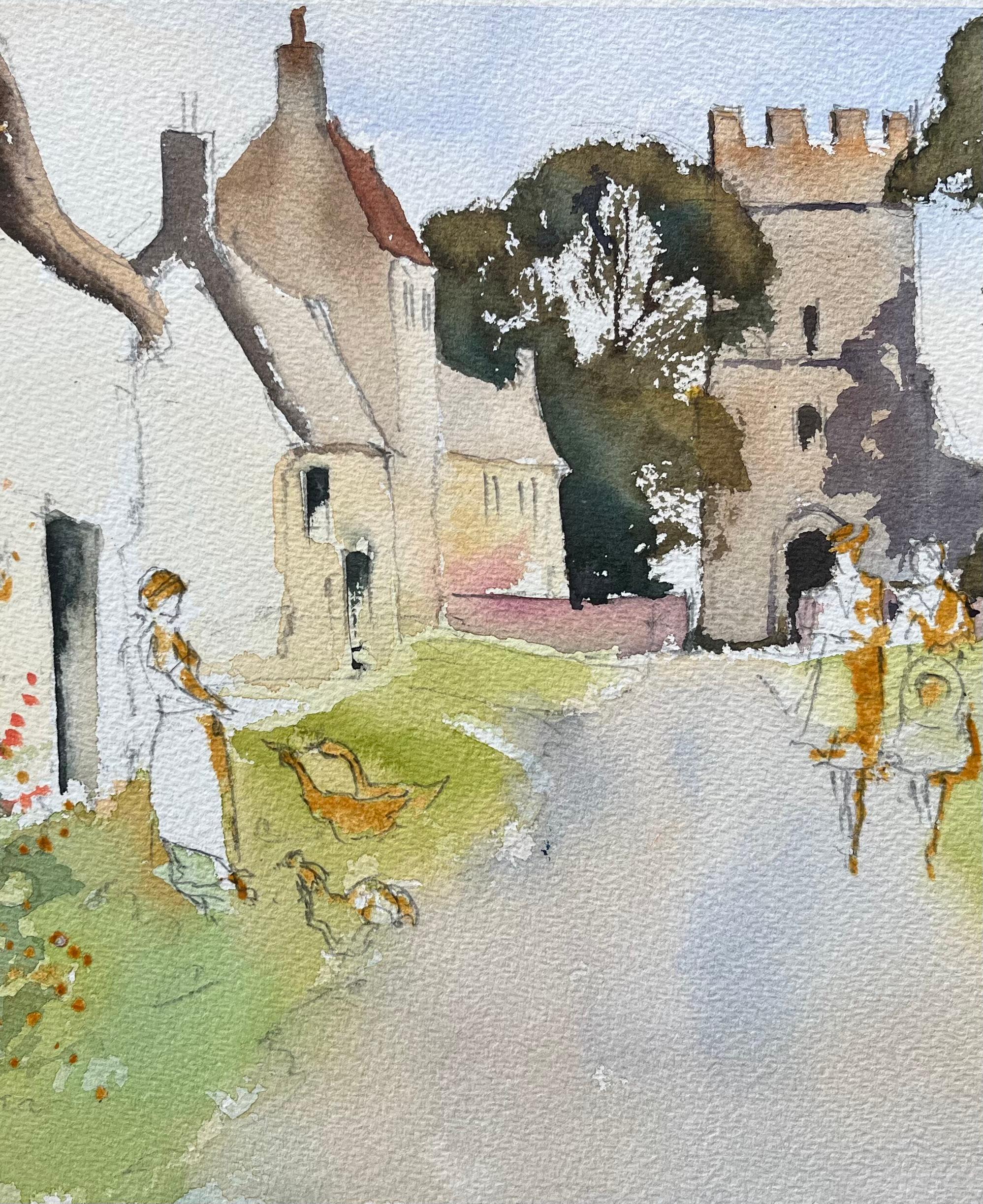 Aquarelle impressionniste britannique d'un chemin de fer avec un cottage et des personnages - Gris Landscape Painting par Anthony Avery