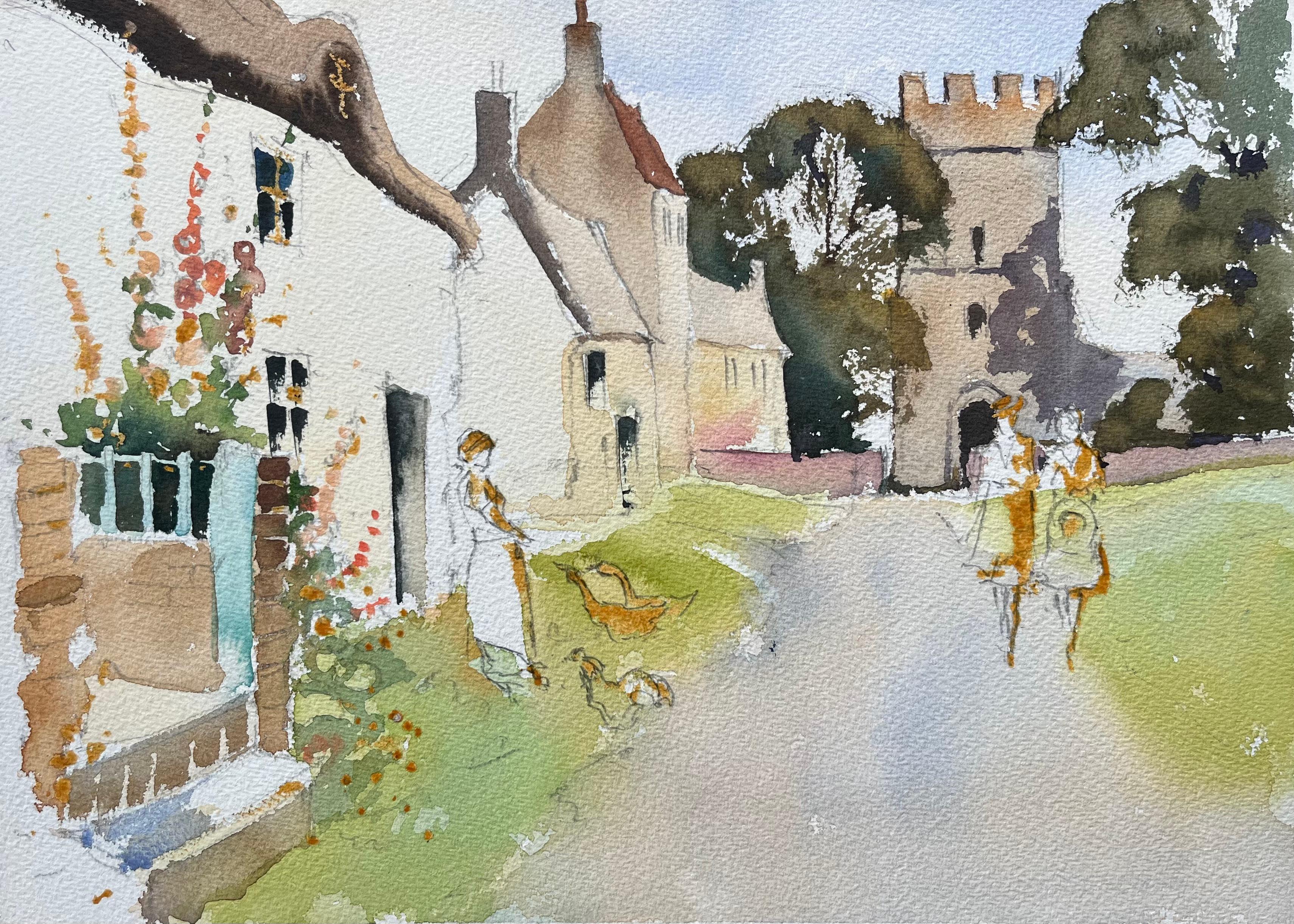 Aquarelle impressionniste britannique d'un chemin de fer avec un cottage et des personnages