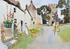 Britisches impressionistisches Aquarell des britischen Impressionismus des Dorfpfads mit Cottage und Figuren