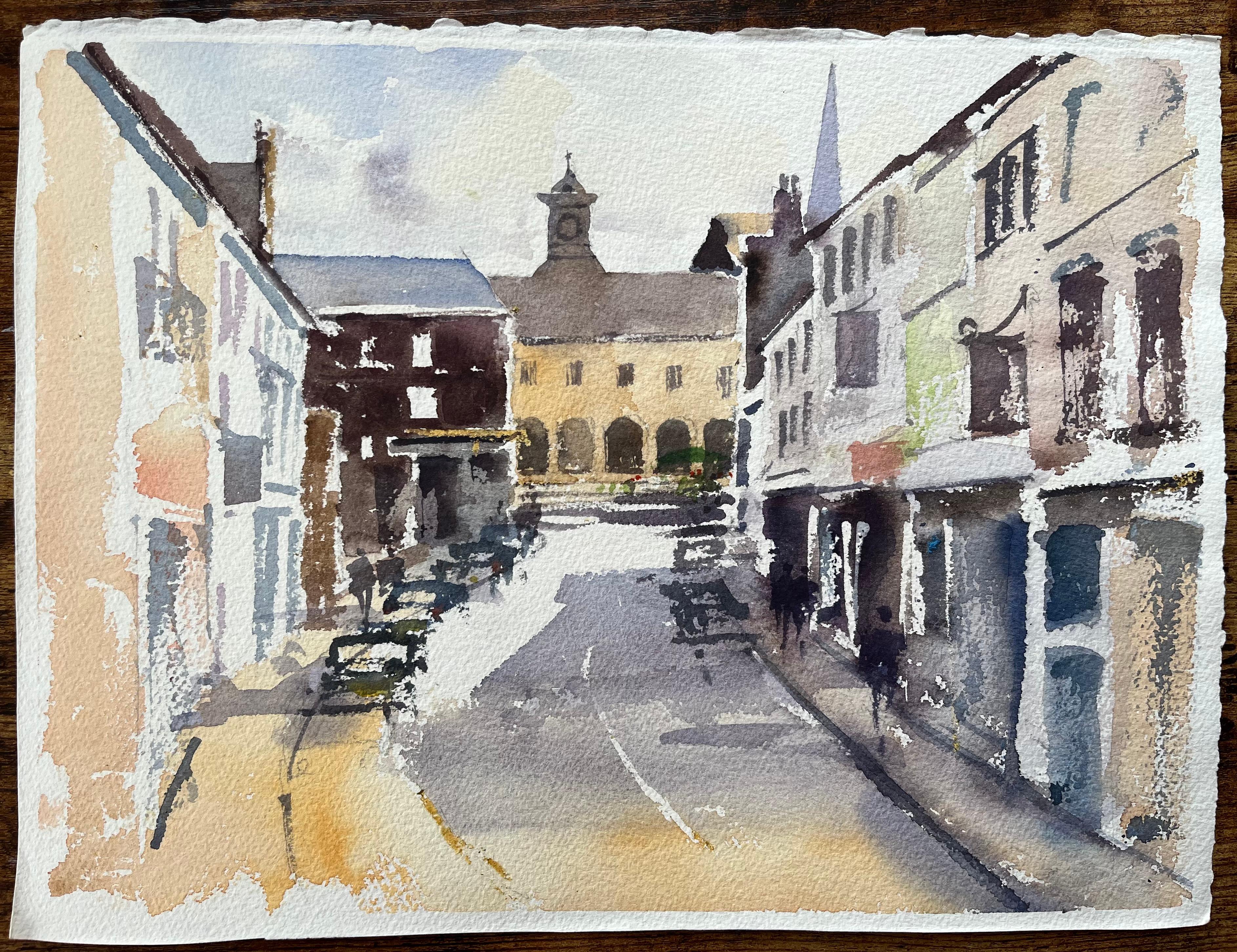 British Impressionist Watercolor of Village Street Leading to the Town Hall - Painting by Anthony Avery
