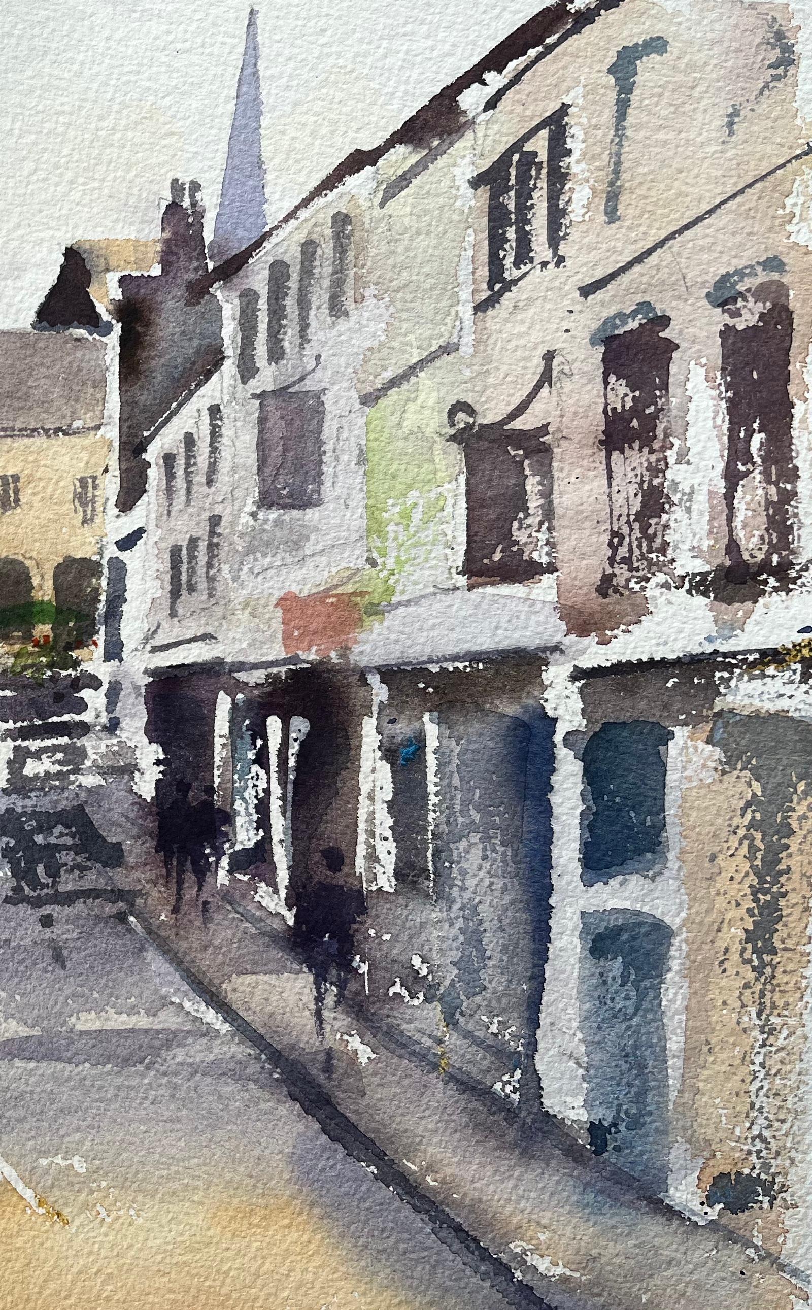 British Impressionist Watercolor of Village Street Leading to the Town Hall - Gray Landscape Painting by Anthony Avery