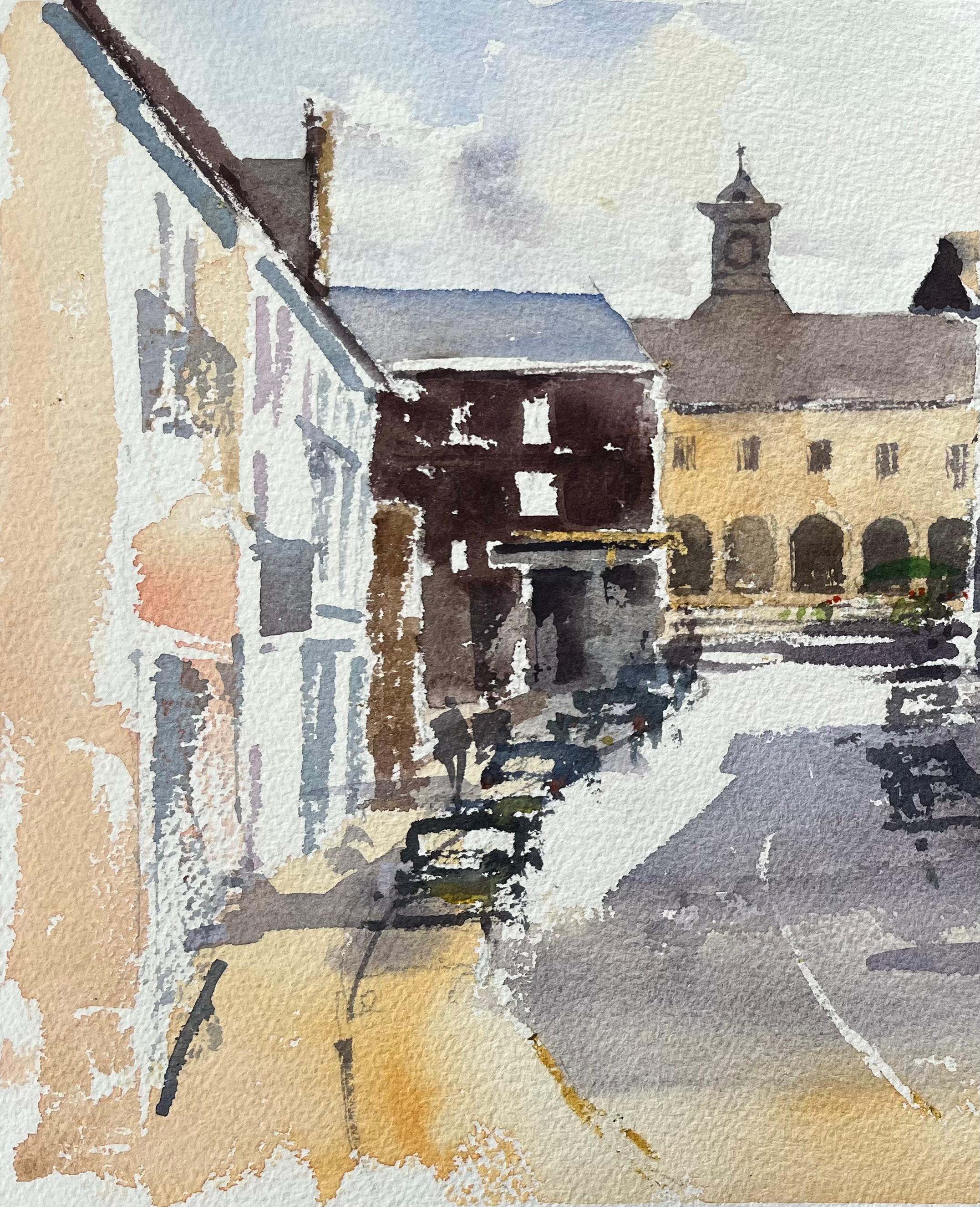 British Impressionist Watercolor of Village Street Leading to the Town Hall For Sale 1