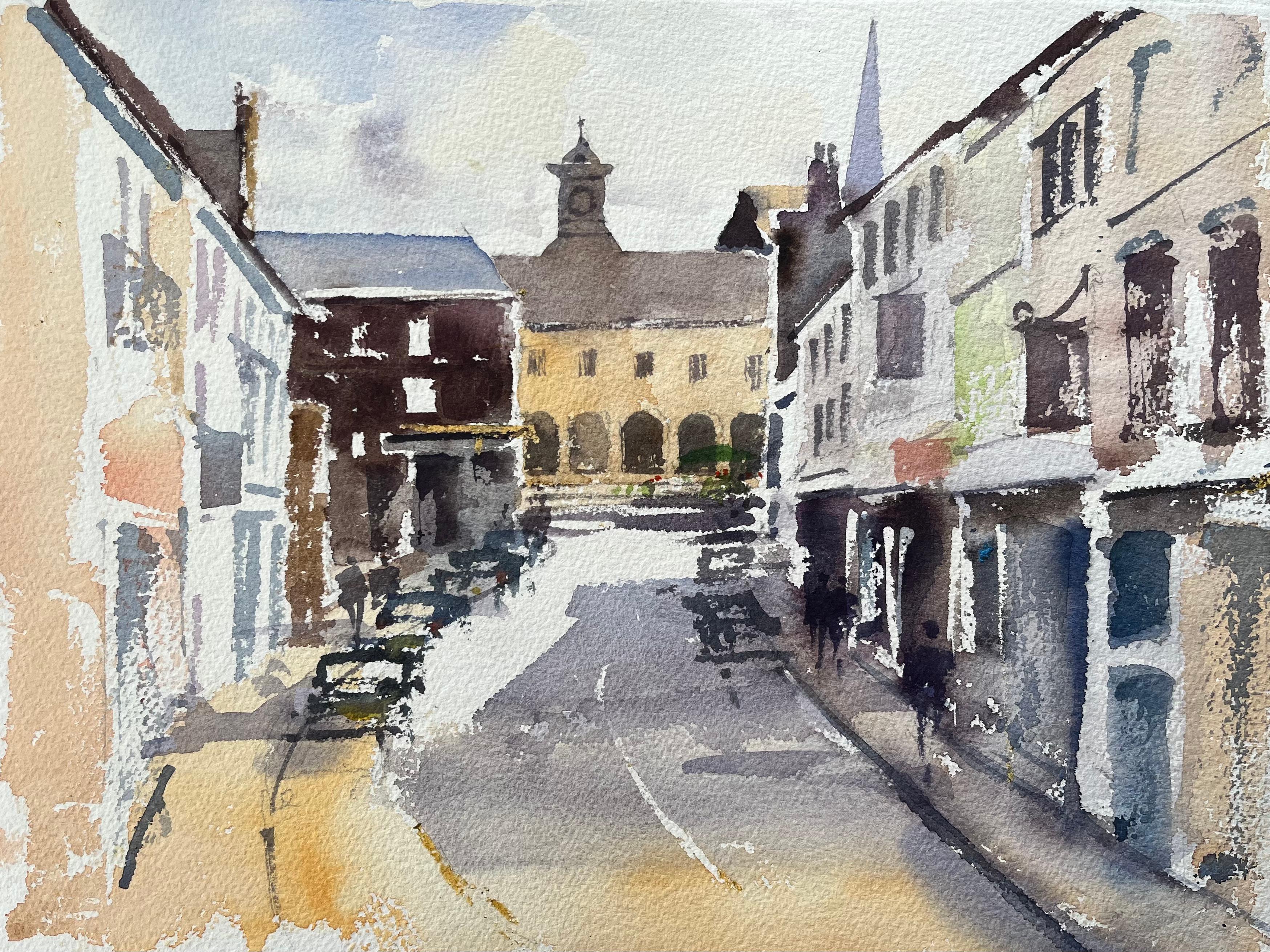 Anthony Avery Landscape Painting - British Impressionist Watercolor of Village Street Leading to the Town Hall