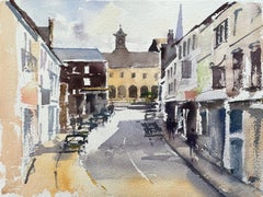 Aquarelle impressionniste britannique de Village Street menant à l'hôtel de ville