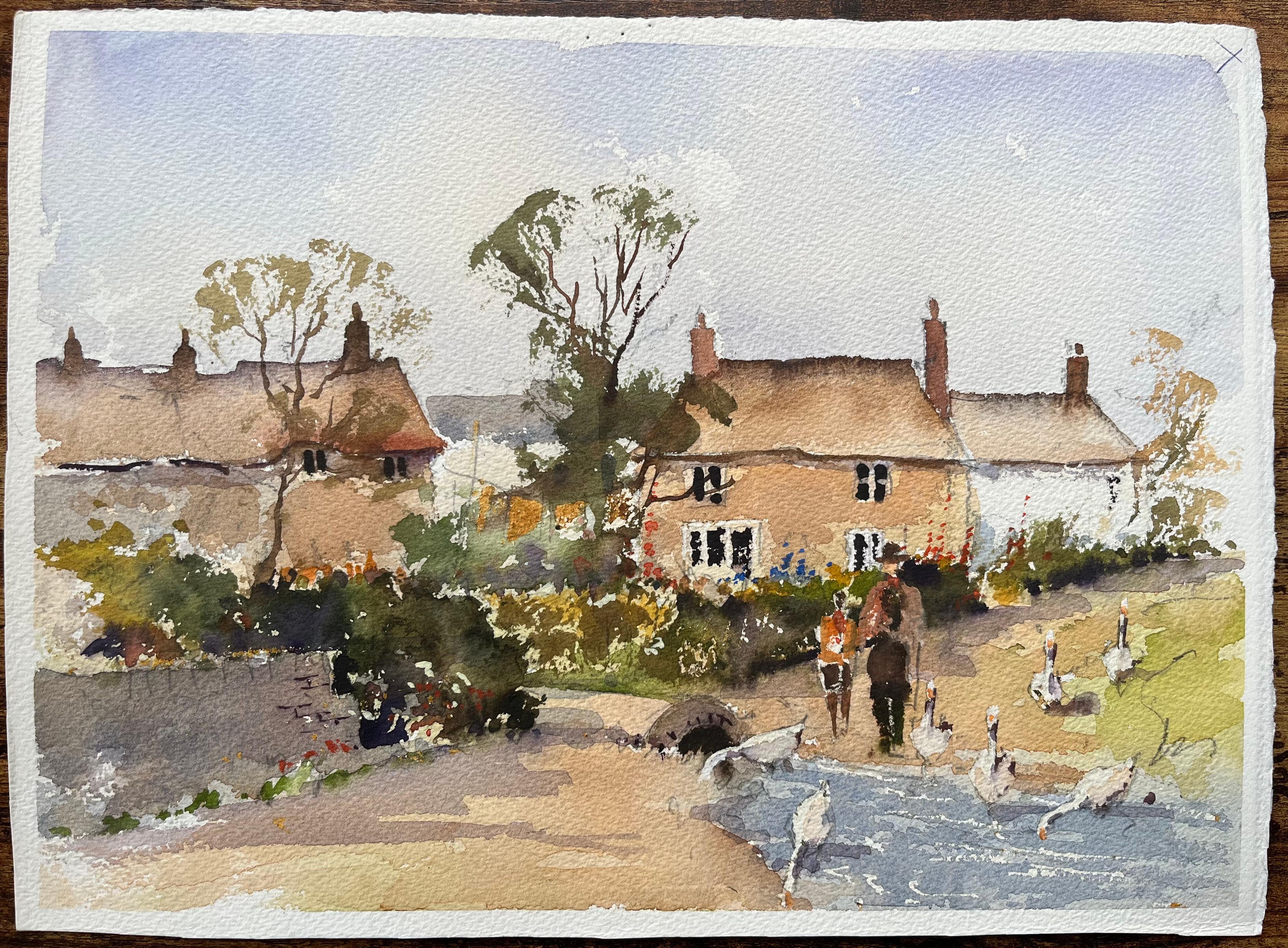 Aquarelle impressionniste britannique d'un village en promenade par la rivière avec oiseaux - Painting de Anthony Avery
