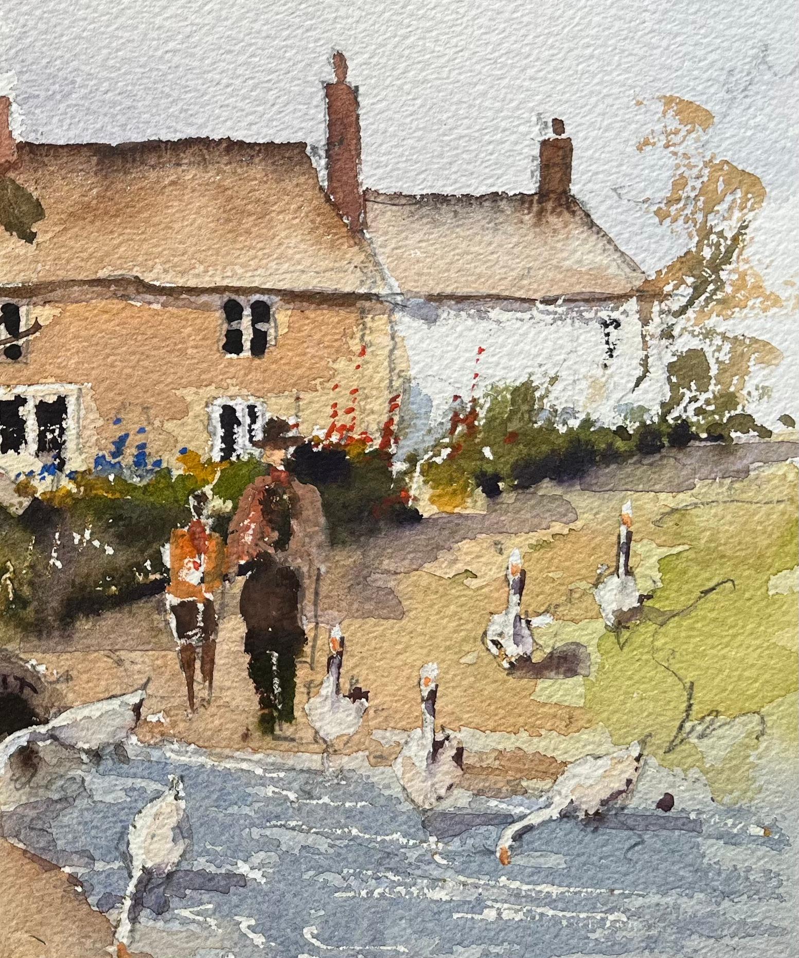 Aquarelle impressionniste britannique d'un village en promenade par la rivière avec oiseaux - Impressionnisme Painting par Anthony Avery