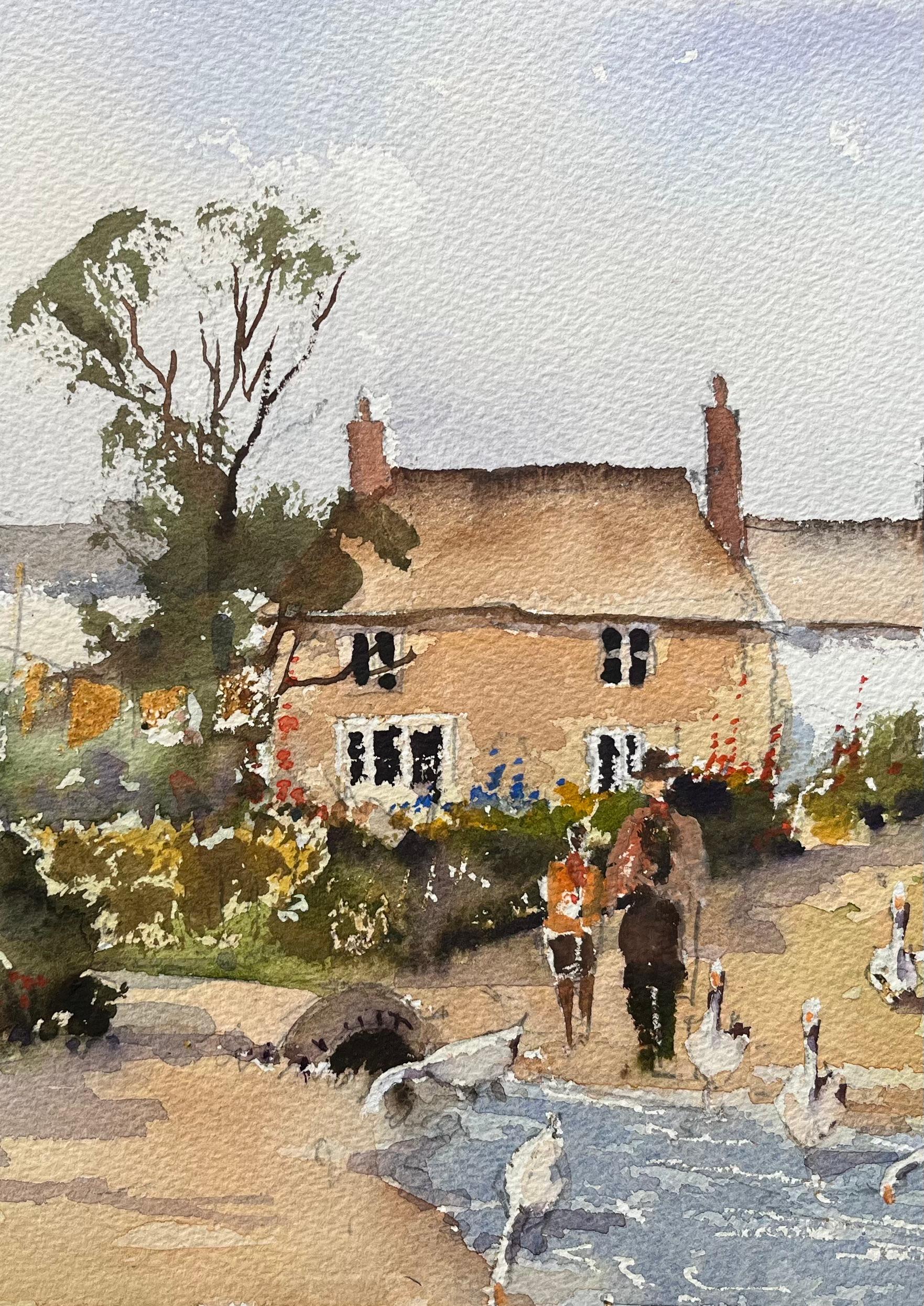 Aquarelle impressionniste britannique d'un village en promenade par la rivière avec oiseaux - Beige Landscape Painting par Anthony Avery