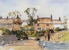 Aquarelle impressionniste britannique d'un village en promenade par la rivière avec oiseaux