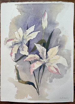 British Impressionist Watercolor of White Lilies on a Lavender Background