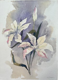 British Impressionist Watercolor of White Lilies on a Lavender Background