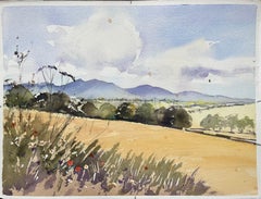 Britisches impressionistisches Aquarell mit Wildblumen, Feldern und Rolling Hills, British Impressionismus