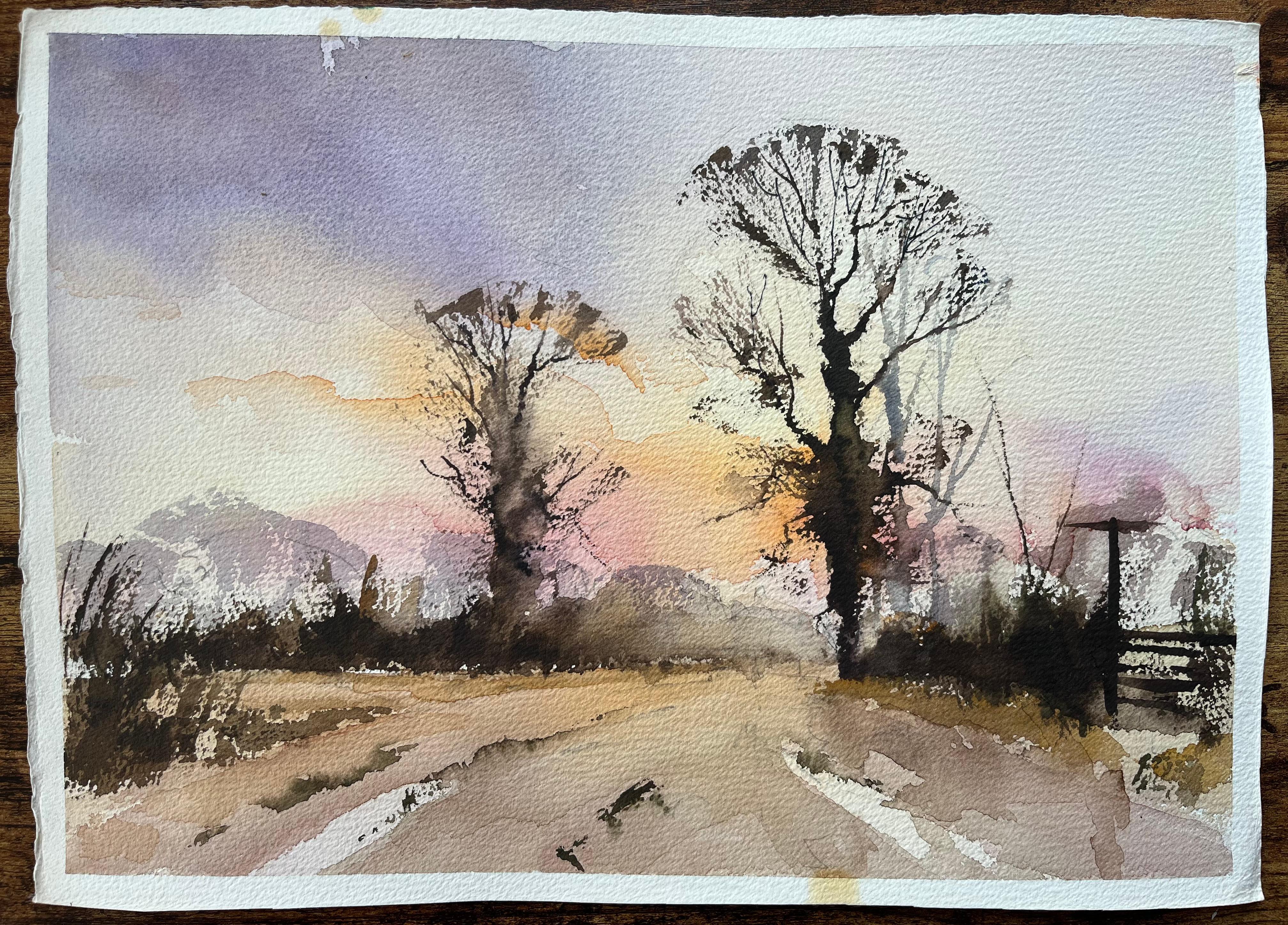 British Impressionist Watercolor of Winter Sunrise with Silhouetted Trees - Painting by Anthony Avery