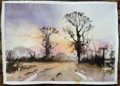 British Impressionist Watercolor of Winter Sunrise with Silhouetted Trees