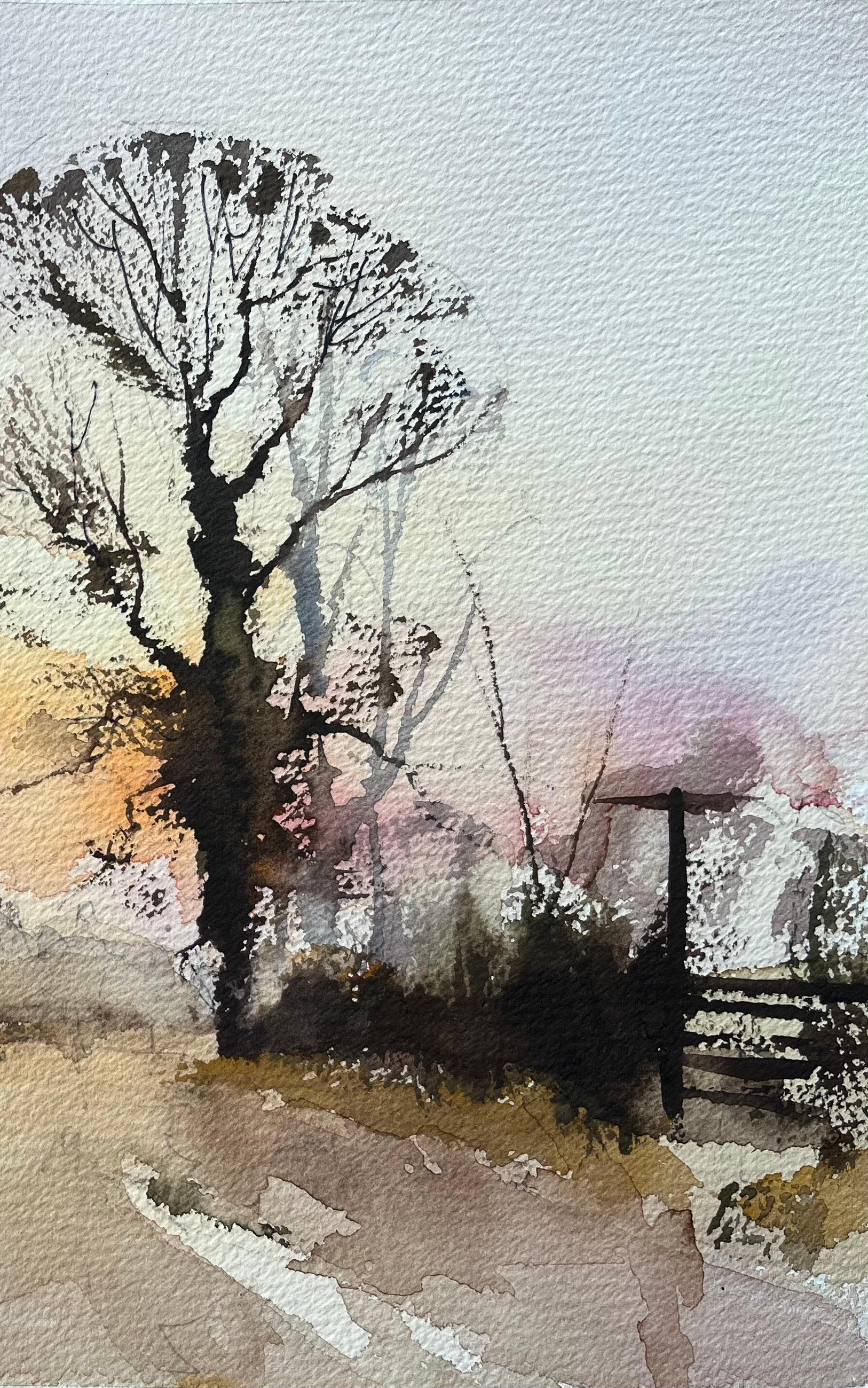 British Impressionist Watercolor of Winter Sunrise with Silhouetted Trees - Gray Landscape Painting by Anthony Avery