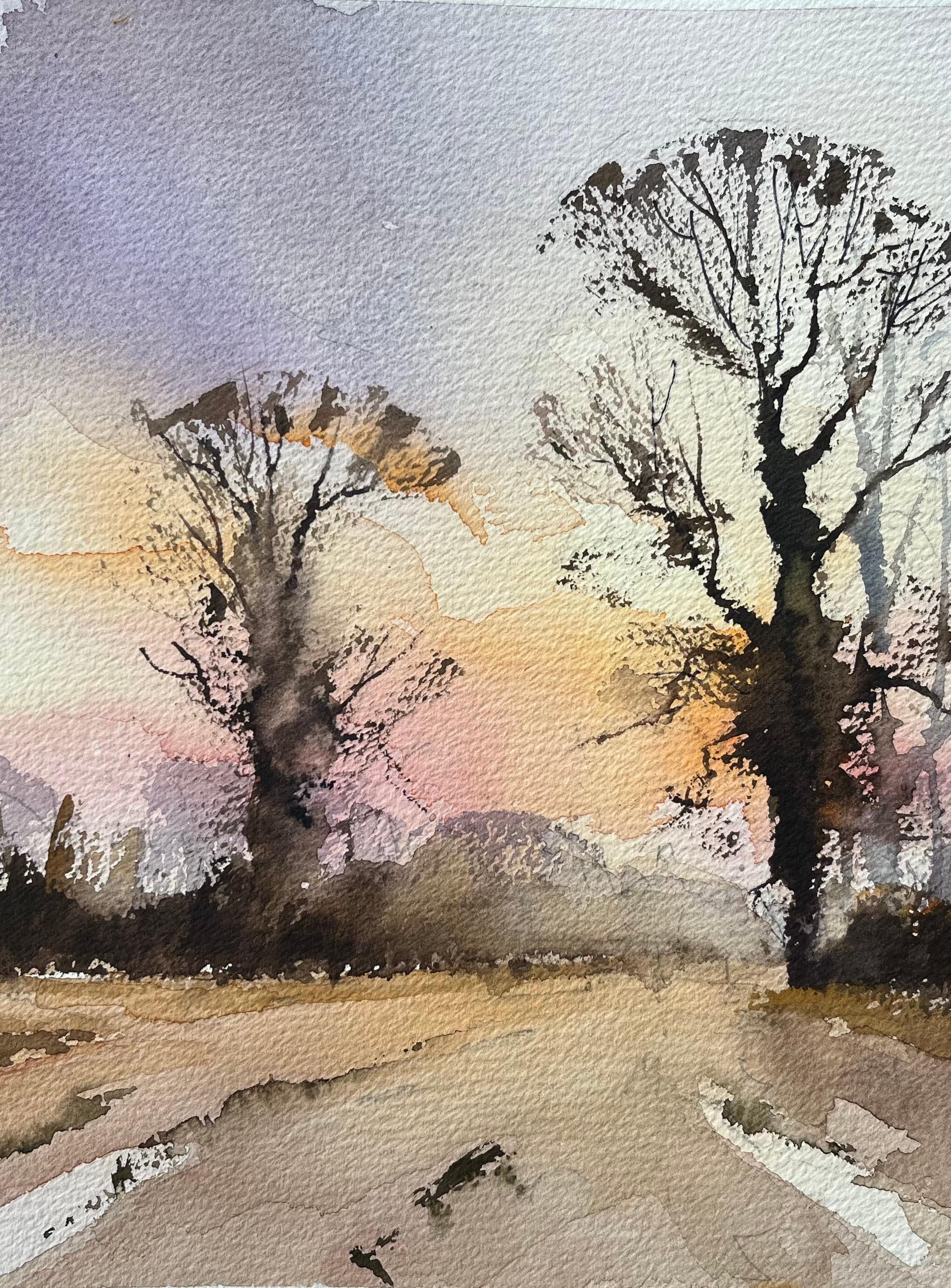Title: British Impressionist Watercolor of Winter Sunrise with Silhouetted Trees
by Anthony Avery (British 1946-2023)
Original watercolor on artists paper, unframed
Dimensions: 11.25 x 15.5 inches (Height x Width)
Condition: Good, with some minor