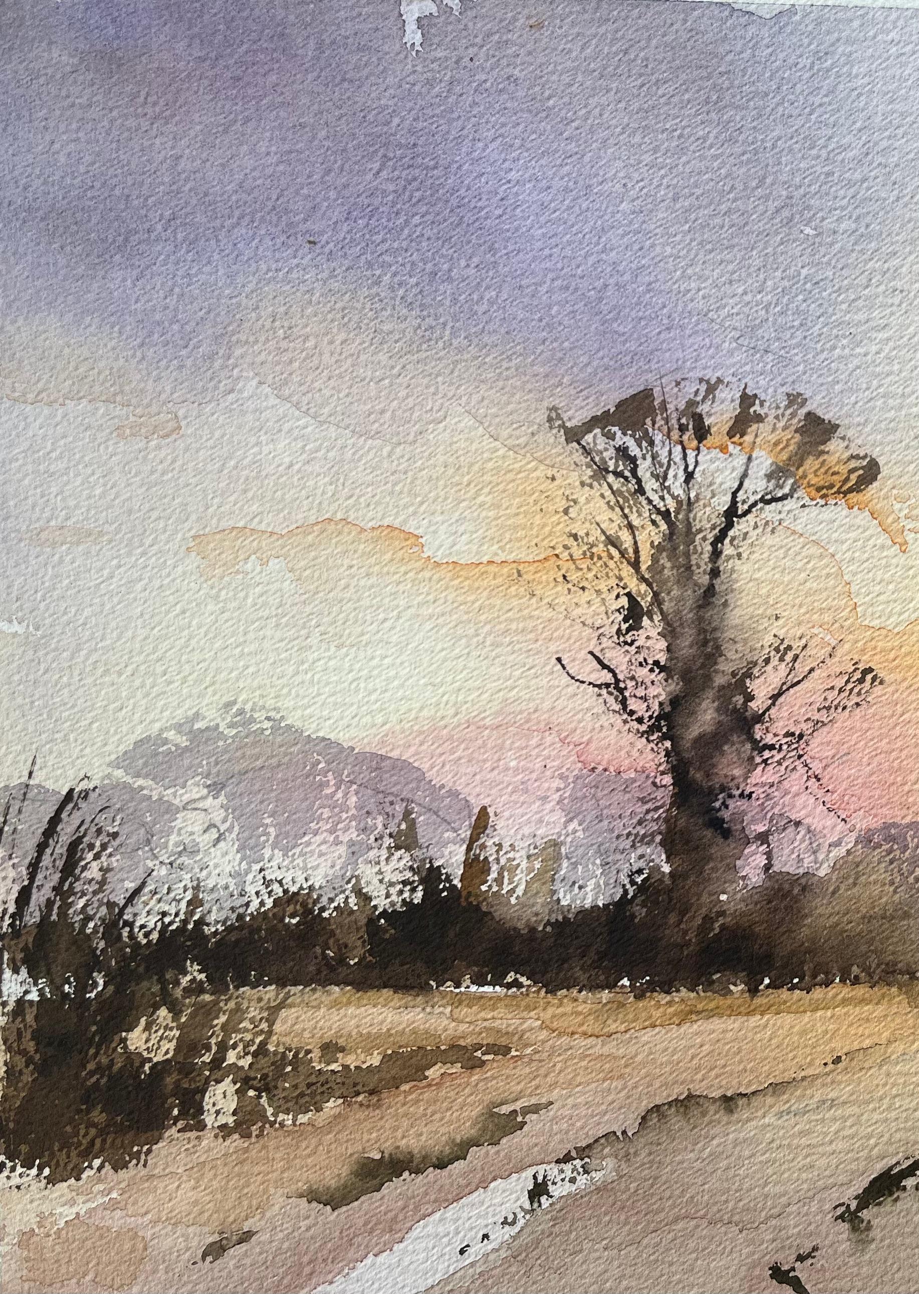 British Impressionist Watercolor of Winter Sunrise with Silhouetted Trees For Sale 1